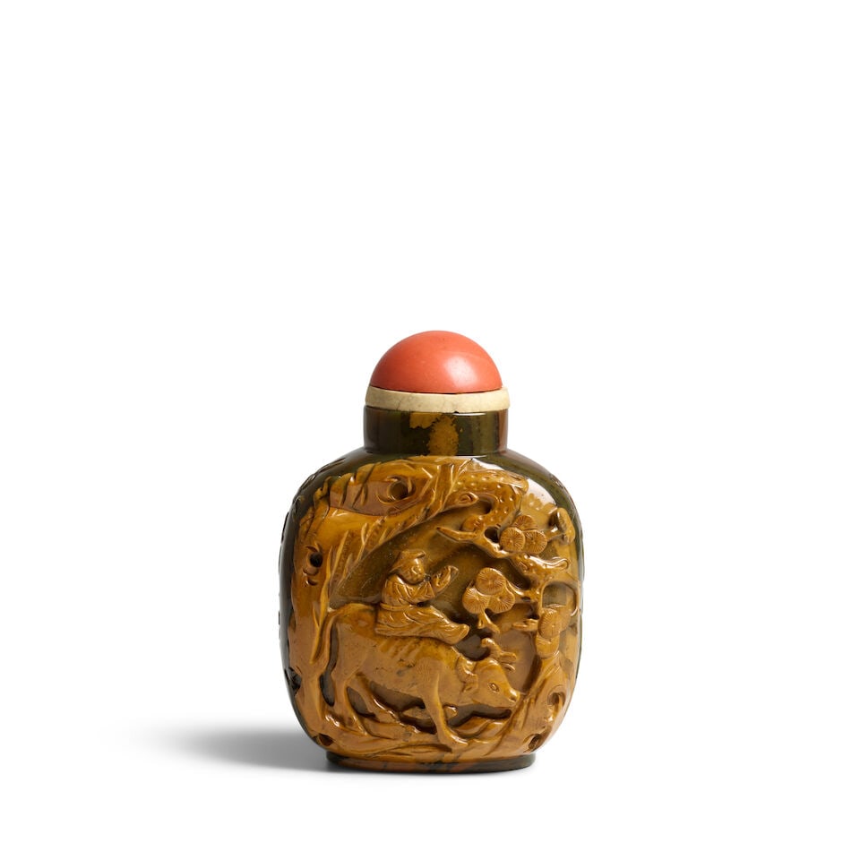 A MASSIVE THREE-COLORED JASPER 'COWHERDER AND DOAIST-SUBJECT' TABLE BOTTLE 1800-1900: A MASSIVE THREE-COLORED JASPER 'COWHERDER AND DOAIST-SUBJECT' TABLE BOTTLE 1800-1900 4in (10cm) high, stopper Footnotes: 1800-1900 大件三色碧石牧童É