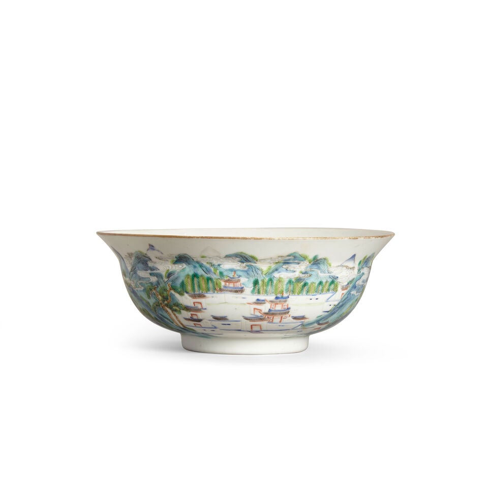 AN ENAMELED 'LANDSCAPE' BOWL WITH FLARED RIM Xianfeng iron-red seal mark and of the period: AN ENAMELED 'LANDSCAPE' BOWL WITH FLARED RIM Xianfeng iron-red seal mark and of the period Painted with a continuous scene of a mountainous landscape with pine below a four-character inscription, the