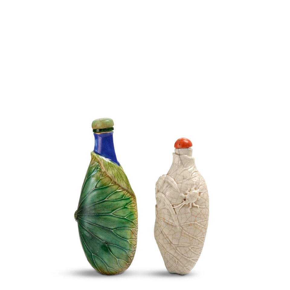 TWO PORCELAIN 'LOTUS-WRAPPED' SNUFF BOTTLES 1790-1830 (white-glazed); and 1860-1920 (enameled) (2) - 2