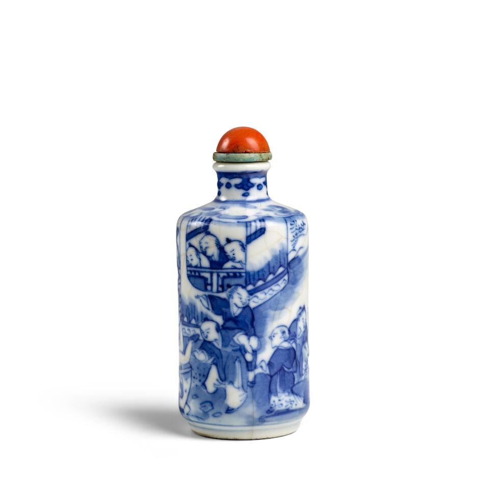 A CYLINDRICAL BLUE AND WHITE SOFT-PASTE PORCELAIN 'BOY RESCUED FROM FISH BOWL' SNUFF BOTTLE 1800... (1 of 4)