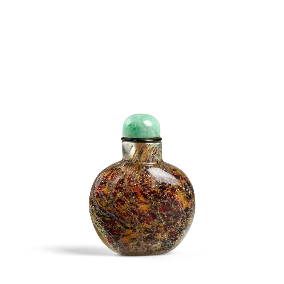 A RARE BULBOUS, SPADE-SHAPED SWIRLING-MULTI-COLOR AVENTURINE-FLECKED TRANSPARENT CLEAR GLASS SNU... (1 of 3)