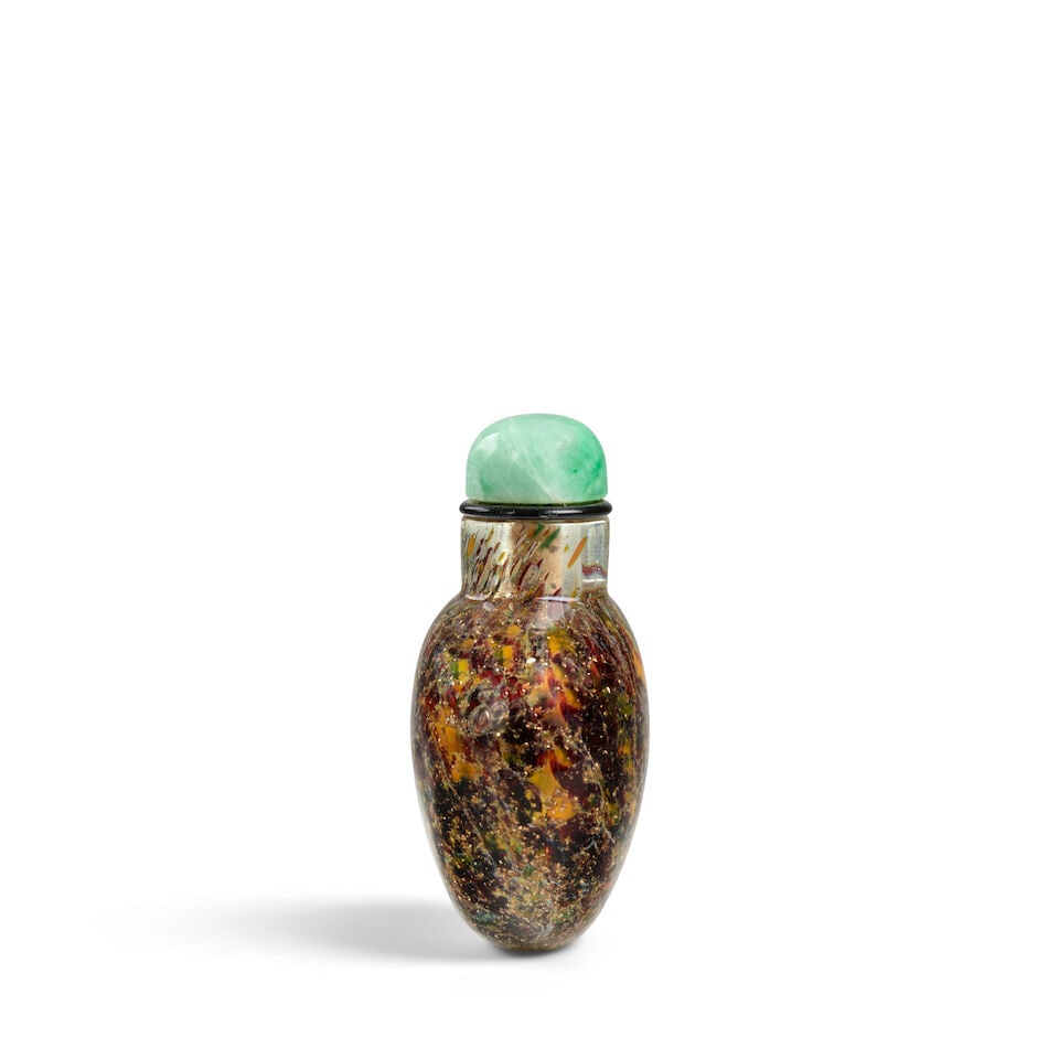 A RARE BULBOUS, SPADE-SHAPED SWIRLING-MULTI-COLOR AVENTURINE-FLECKED TRANSPARENT CLEAR GLASS SNU... - 3