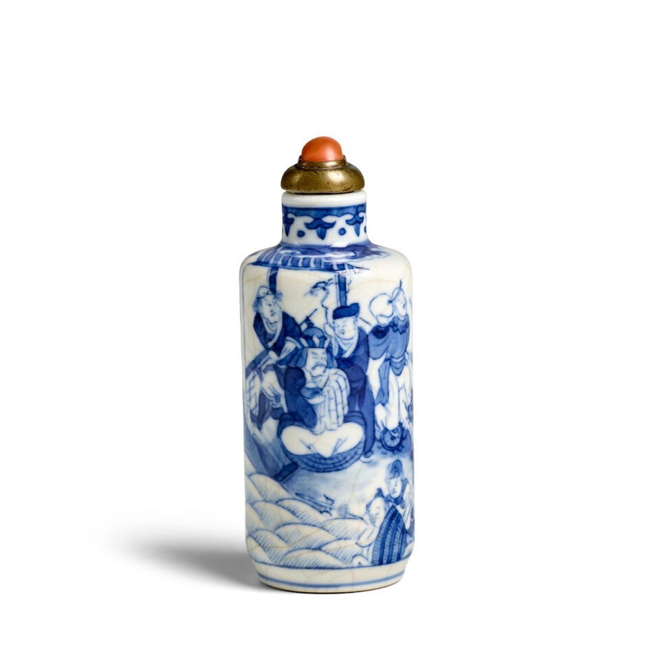 A CYLINDRICAL BLUE AND WHITE SOFT-PASTE PORCELAIN 'WHITE SNAKE STORY' SNUFF BOTTLE 1800-1900: A CYLINDRICAL BLUE AND WHITE SOFT-PASTE PORCELAIN 'WHITE SNAKE STORY' SNUFF BOTTLE 1800-1900 2 7/8in (7.3cm) high, stopper Footnotes: 1800-1900