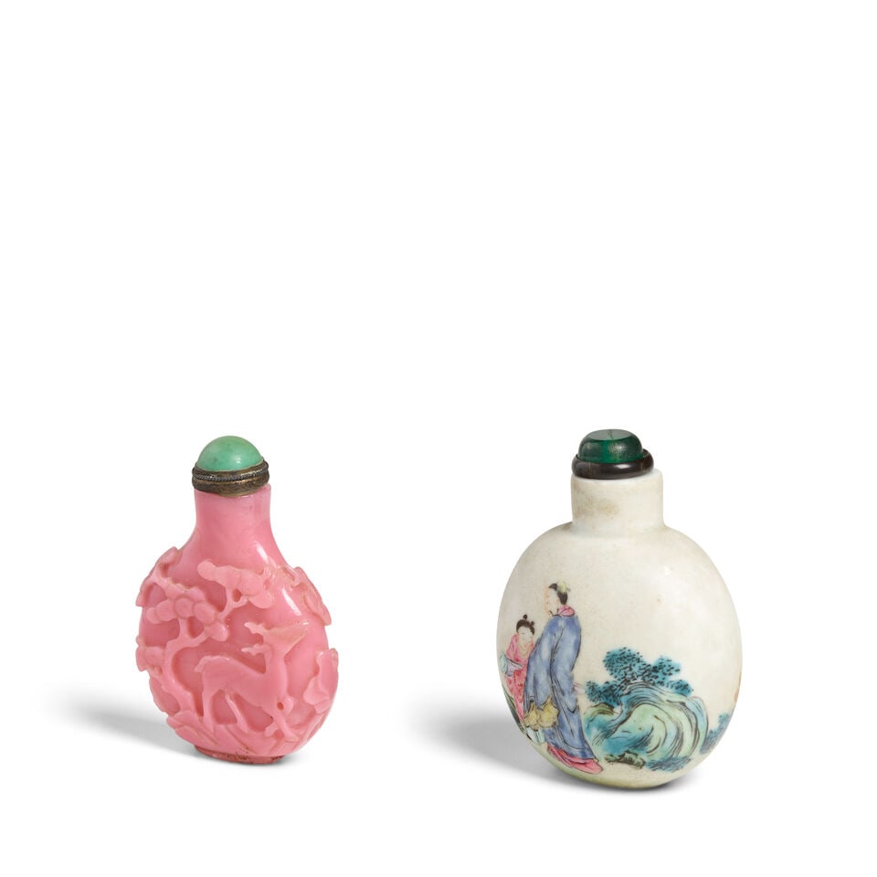 TWO SNUFF BOTTLES: ONE PINK GLASS 'LANDSCAPE AND ANIMAL' SNUFF BOTTLE; THE OTHER FAMILLE ROSE BI... - 2