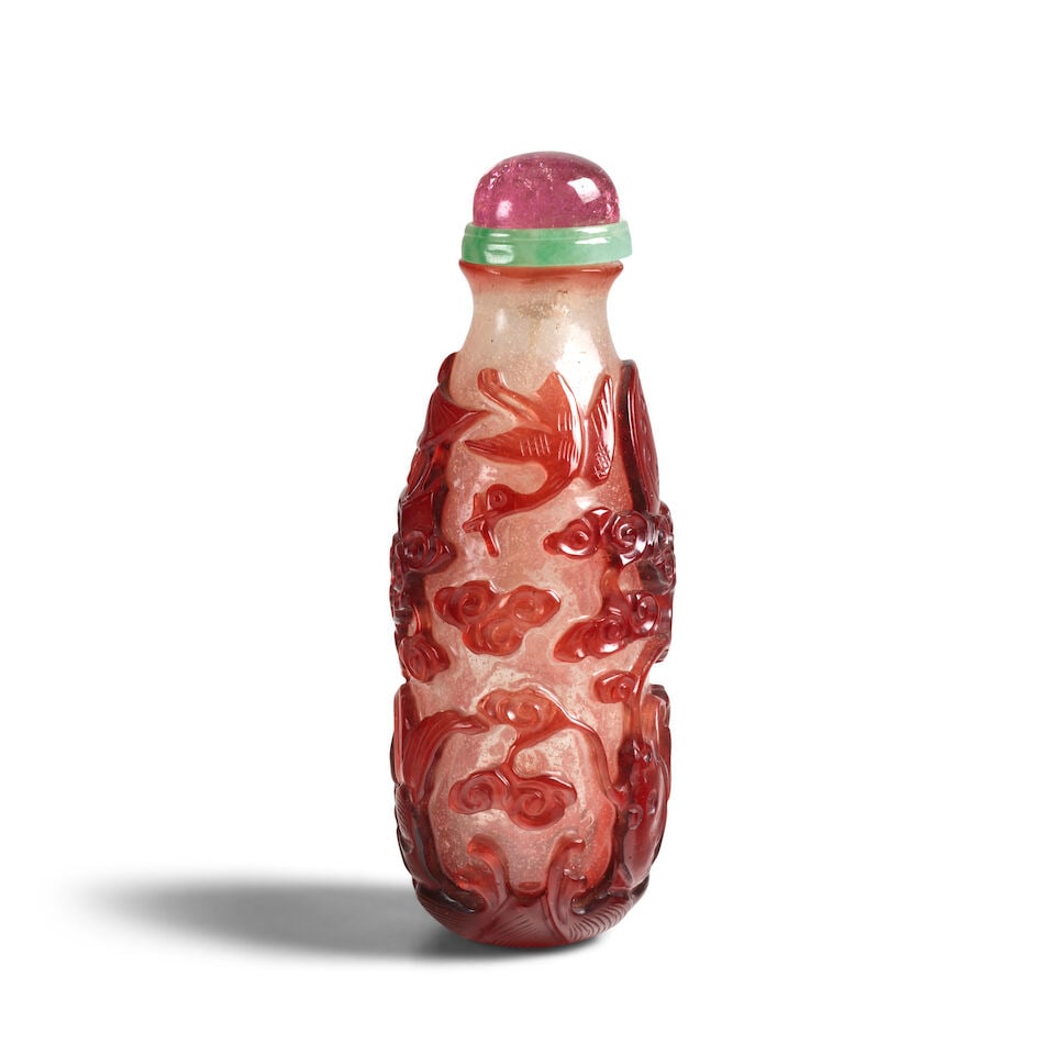 A PEAR-SHAPED TRANSPARENT RED OVERLAY BUBBLE-SUFFUSED CLEAR GLASS 'PLUME EMITTING CARP SUPPORTIN... - 3