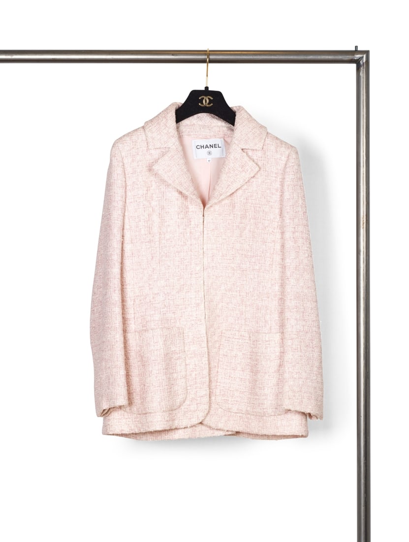 Chanel, collection Prêt à Porter, Printemps-Eté 2016. Veste en tweed de coton ros...: Chanel, collection Prêt à Porter, Printemps-Eté 2016. Veste en tweed de coton rose chiné blanc. Chanel, Ready-to-Wear collection, Spring-Summer 2016. Jacket in heathered pink cotto