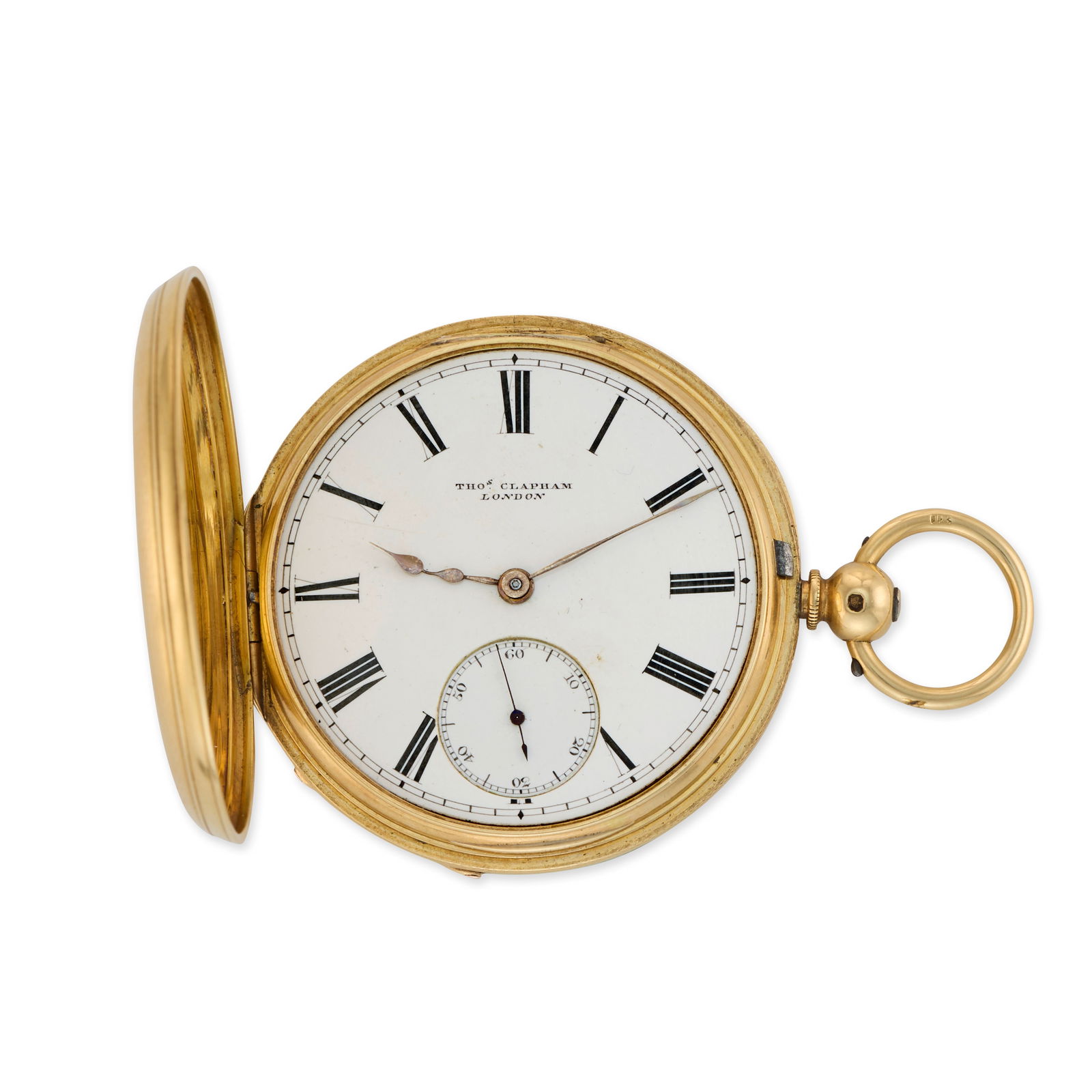 Thomas Clapham, 18 Piccadilly, London. An 18K gold key wind half hunter pocket watch London Hall...: Thomas Clapham, 18 Piccadilly, London. An 18K gold key wind half hunter pocket watch Date: London Hallmark for 1862 Movement: Gilt 3/4 plate English lever, cut and compensated bi-metallic balance, No.