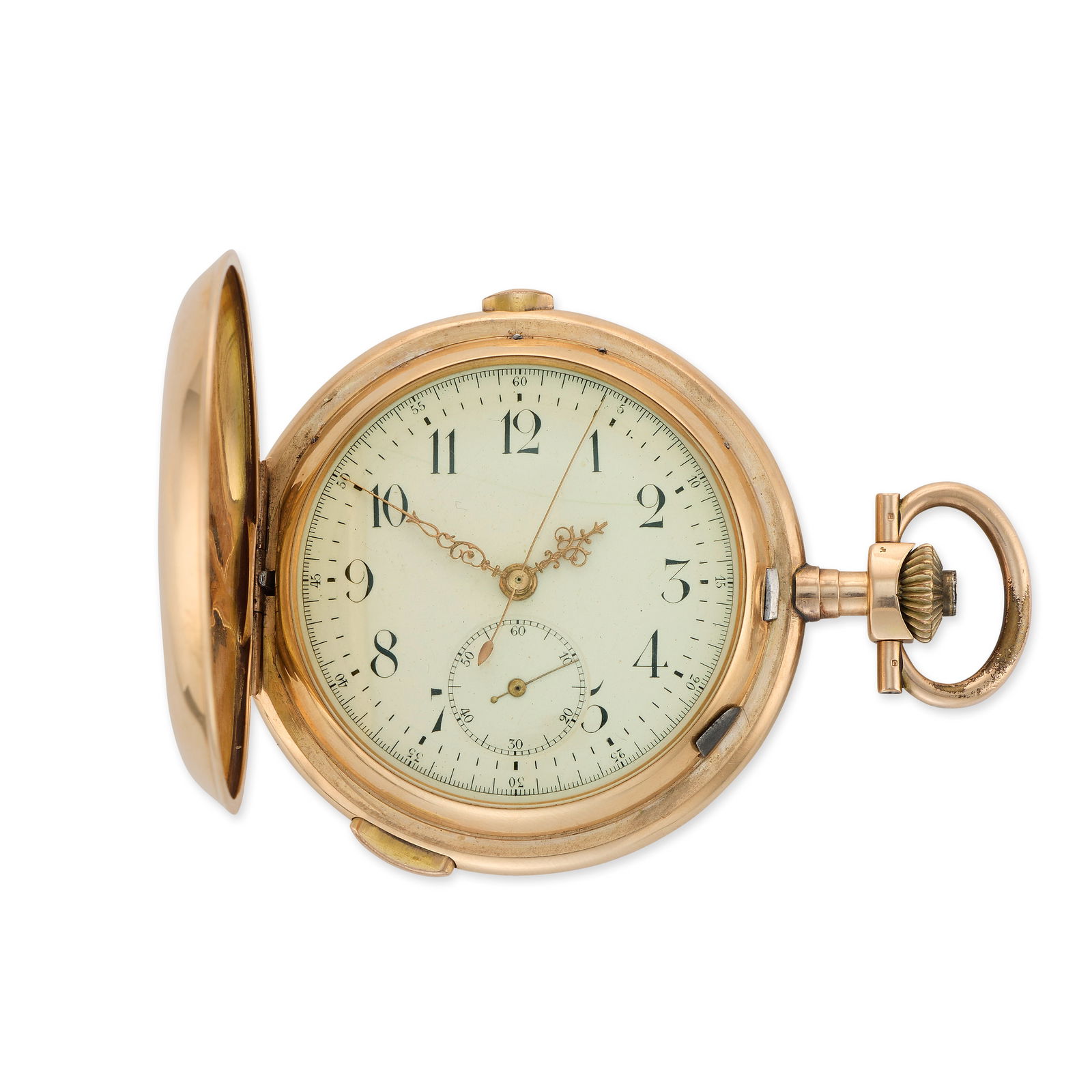 A 14K gold keyless wind quarter repeating full hunter chronograph pocket watch Circa 1900: A 14K gold keyless wind quarter repeating full hunter chronograph pocket watch Date: Circa 1900 Movement: Swiss lever, cut and compensated bi-metallic balance, column wheel chronograph, two polished h