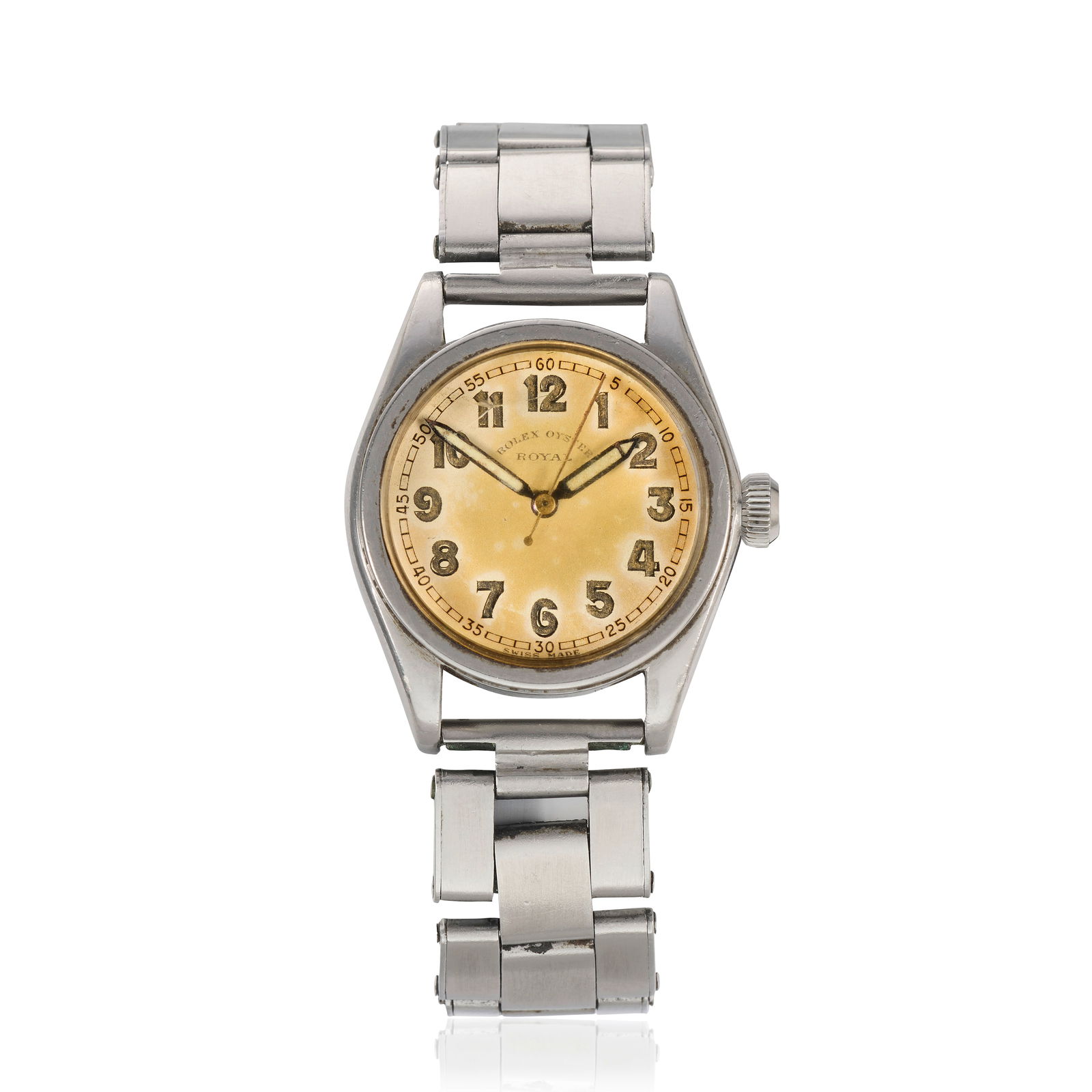 Rolex. A stainless steel manual wind bracelet watch Oyster Royal, Ref: 2595, Circa 1939: Rolex. A stainless steel manual wind bracelet watch Model: Oyster Royal Reference: 2595 Date: Circa 1939 Movement: Jewelled manual wind Dial: Silvered, luminous Arabic numeral hour markers, black oute