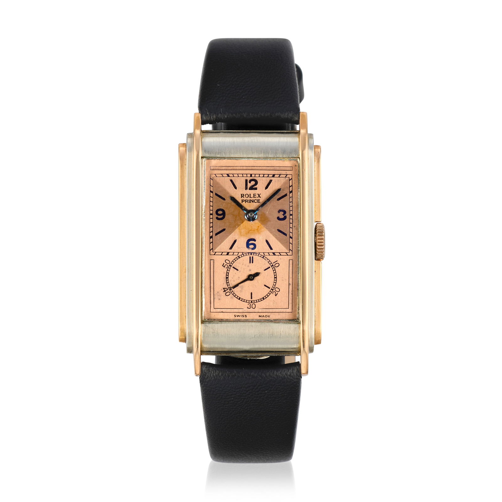 Rolex. An 18K white and pink gold manual wind rectangular wristwatch Prince, Ref: 1527, Circa 1930: Rolex. An 18K white and pink gold manual wind rectangular wristwatch Model: Prince Reference: 1527 Date: Circa 1930 Movement: 17-jewel manual wind, No.419 Dial: Salmon pink, black enamel baton hour ma