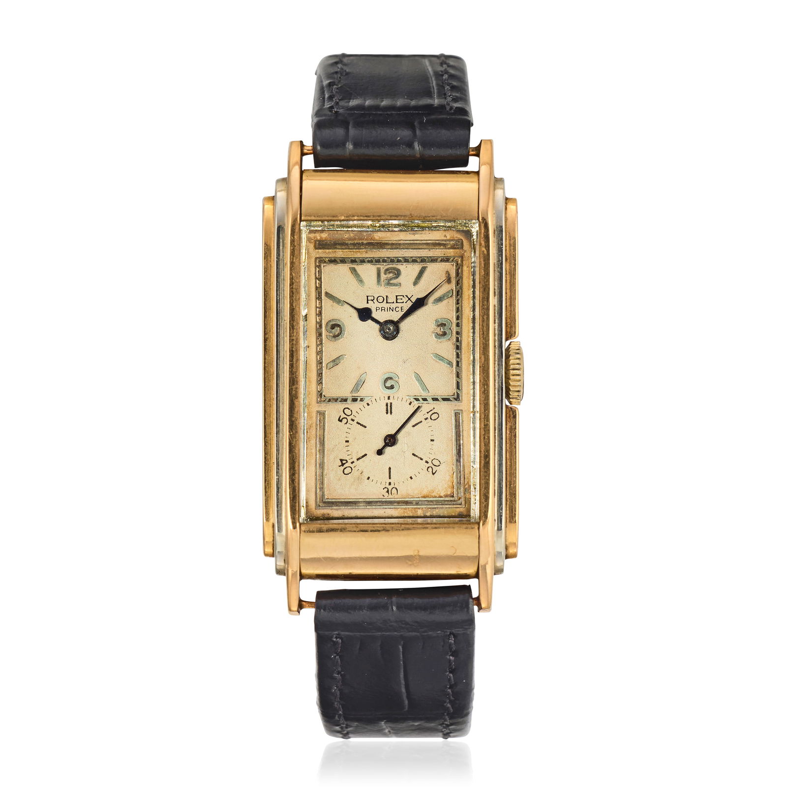 Rolex. A two colour 18K gold manual wind wristwatch Prince, Ref: 1527, Circa 1930: Rolex. A two colour 18K gold manual wind wristwatch Model: Prince Reference: 1527 Date: Circa 1930 Movement: 15-jewel manual wind, No.74013 Dial: Silvered, applied polished baton hour markers, Arabic