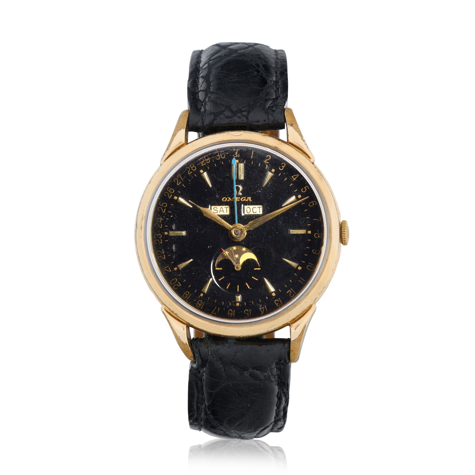 Omega. A gold plated manual wind triple calendar wristwatch with moon phase Cosmic, Ref: 2486-2... (1 of 1)
