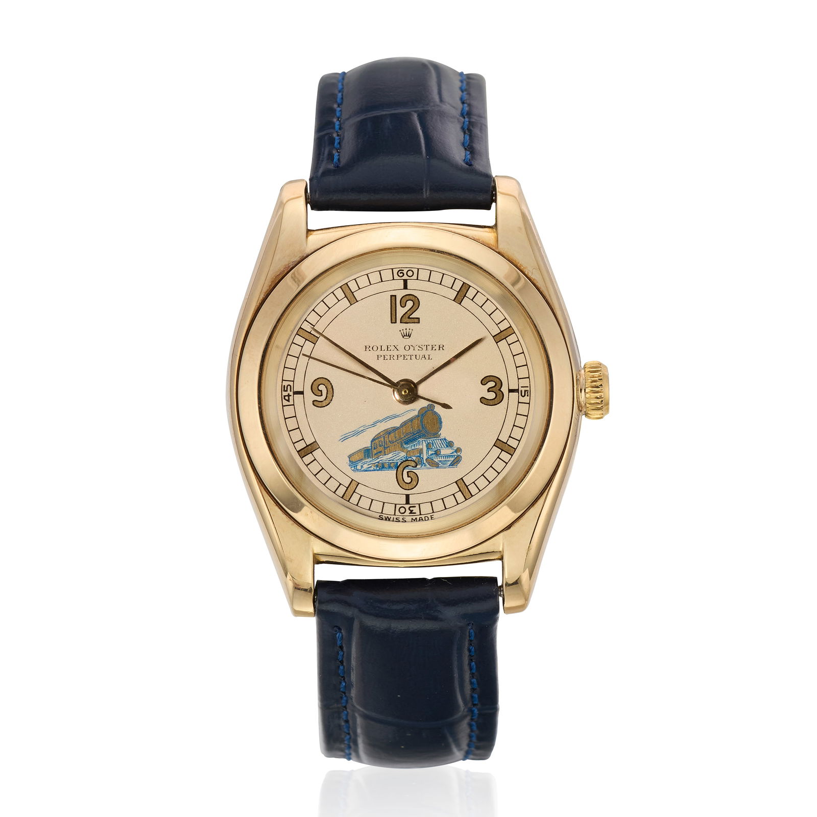 Rolex. A 14K gold automatic bubble back wristwatch with custom locomotive dial Oyster Perpetual... (1 of 1)