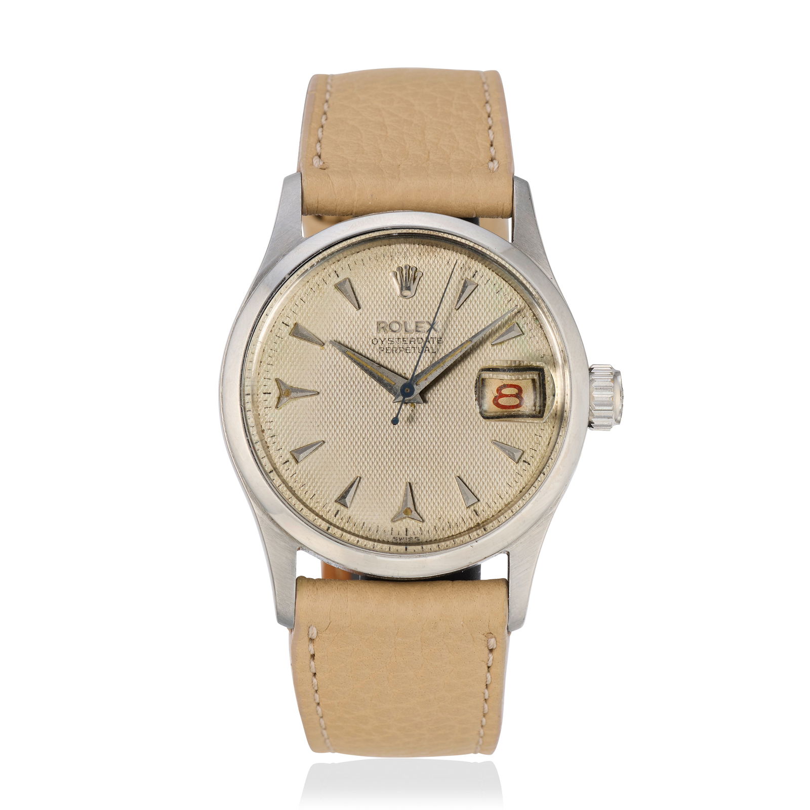 Rolex. A stainless steel automatic calendar wristwatch with roulette date wheel Oyster Perpetua...: Rolex. A stainless steel automatic calendar wristwatch with roulette date wheel Model: Oyster Perpetual Reference: 6518 Date: Circa 1964 Movement: 21-jewel Cal.1030 automatic, No.475789 Dial: Silvered