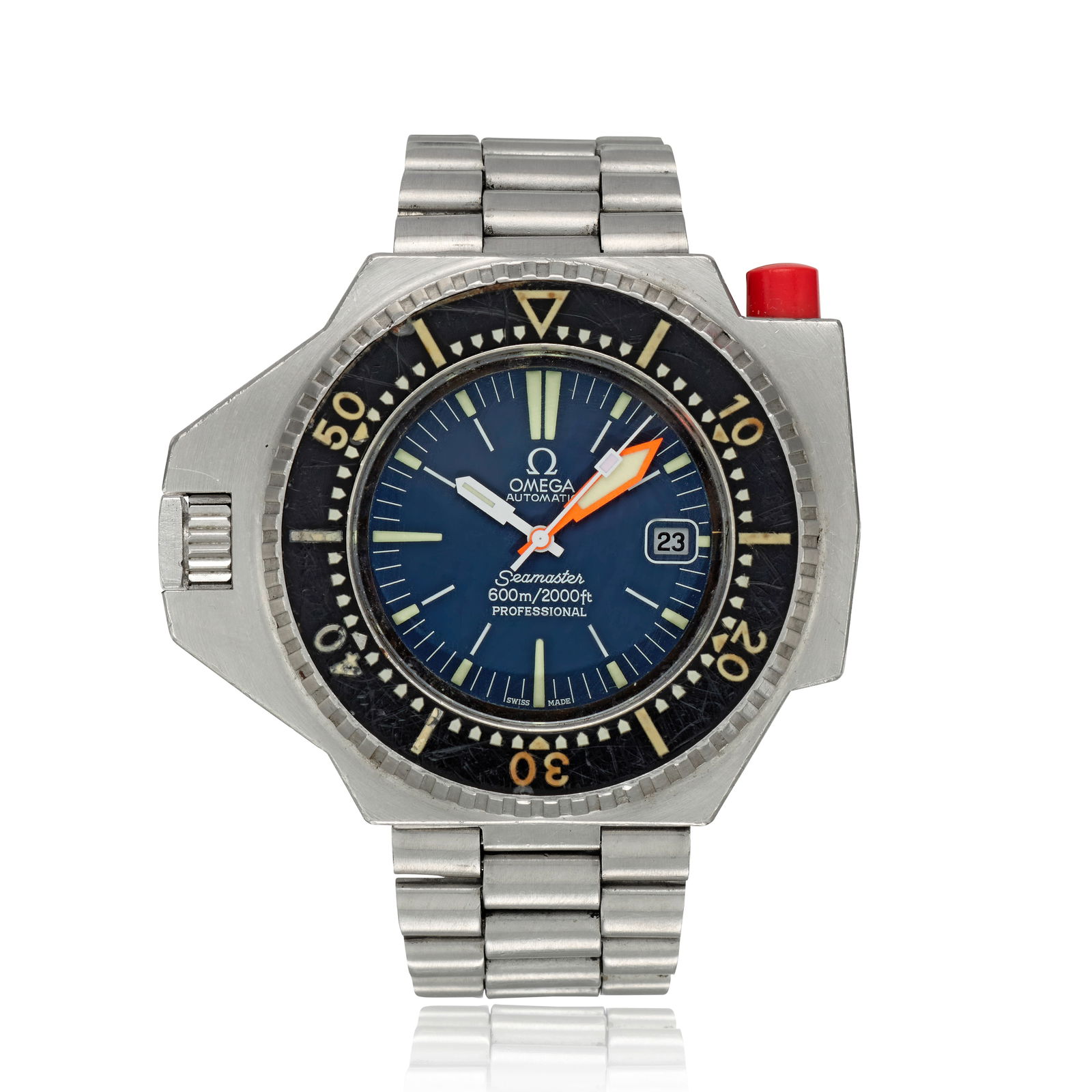 Omega. A stainless steel automatic diver's calendar wristwatch Seamaster 600 'PloProf', Purchas...: Omega. A stainless steel automatic diver's calendar wristwatch Model: Seamaster 600 'PloProf' Date: Purchased 8th April 1974 Movement: Jewelled automatic Dial: Blue, luminous baton hour markers, white