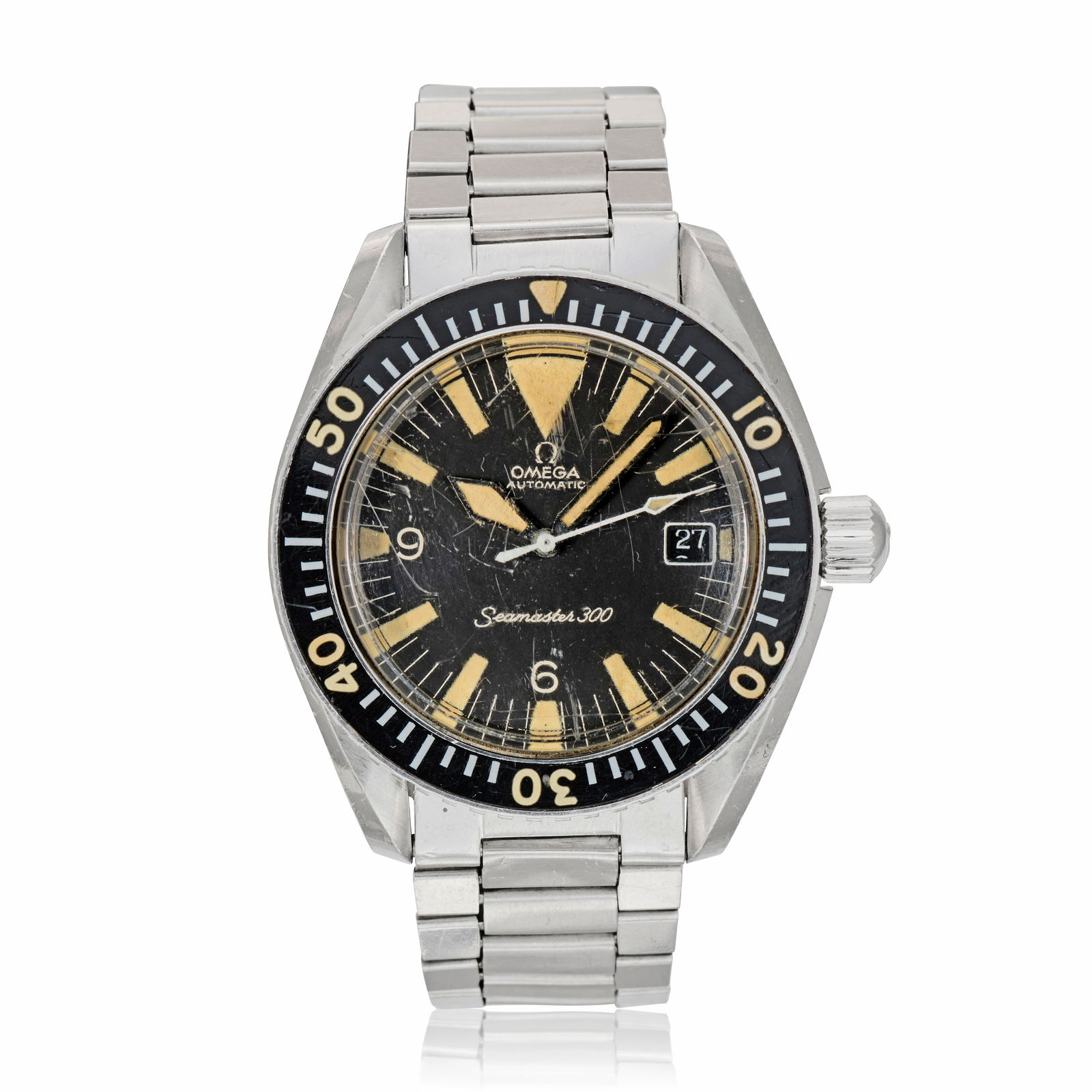 Omega. A stainless steel automatic calendar bracelet watch Seamaster 300, Ref: 166.024, Circa 1968: Omega. A stainless steel automatic calendar bracelet watch Model: Seamaster 300 Reference: 166.024 Date: Circa 1968 Movement: 24-jewel Cal.565 automatic, No.27996860 Dial: Black, luminous baton hour m