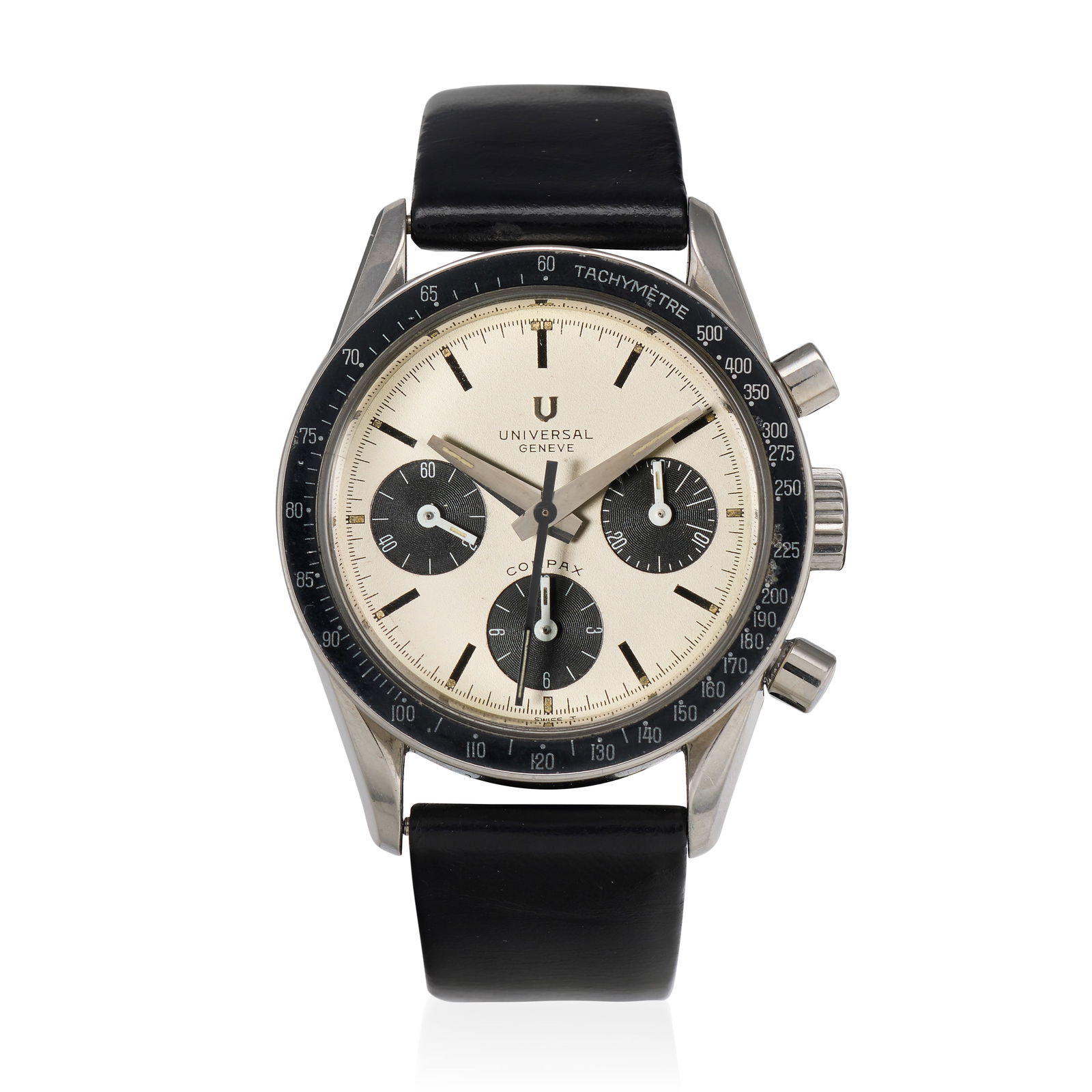 Universal Genève. A fine and rare stainless steel manual wind chronograph wristwatch Compa...: Universal Genève. A fine and rare stainless steel manual wind chronograph wristwatch Model: Compax 'Nina Rindt' Reference: 885103/02 Date: Circa 1965 Movement: 17-jewel Valjoux Cal.72 manual wind