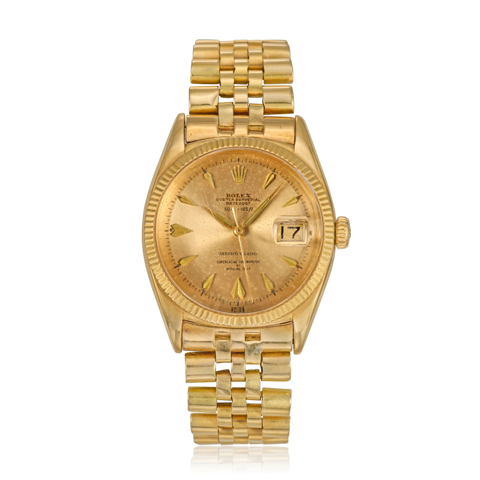 Rolex. A fine and rare 18K gold automatic calendar bracelet watch with depth rating and 'Superla...: Rolex. A fine and rare 18K gold automatic calendar bracelet watch with depth rating and 'Superlative Chronometer By Official Test' dial retailed by Serpico Y Laino Model: Datejust Reference: 6605 Date