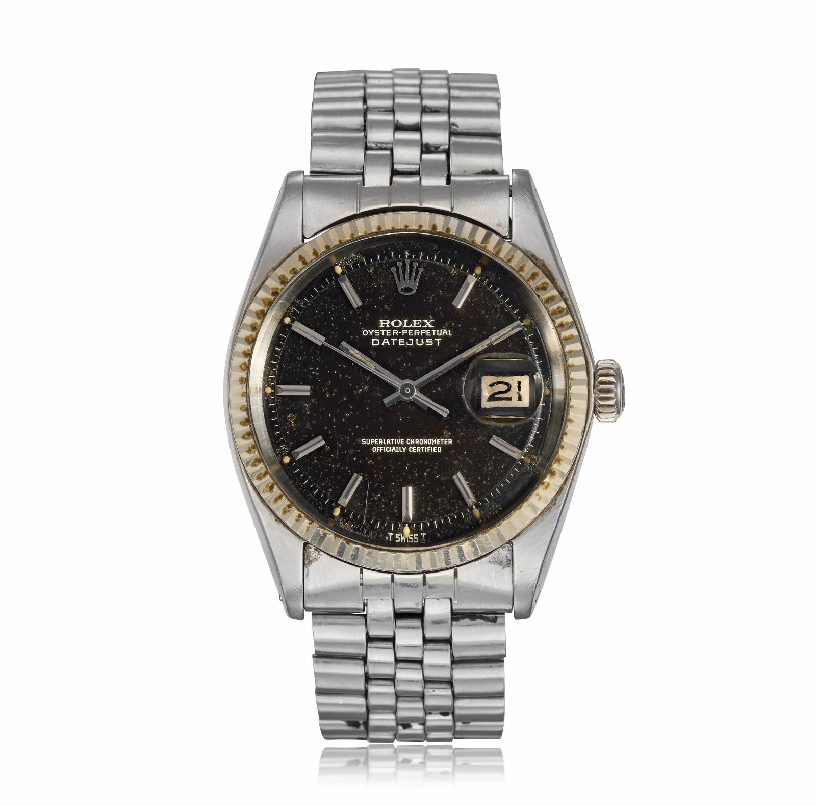 Rolex. A stainless steel and white gold automatic calendar bracelet watch Datejust, Ref: 1601, ...: Rolex. A stainless steel and white gold automatic calendar bracelet watch Model: Datejust Reference: 1601 Date: Circa 1969 Movement: 26-jewel Cal.1570 automatic, N0.D424058 Dial: Black, applied polish