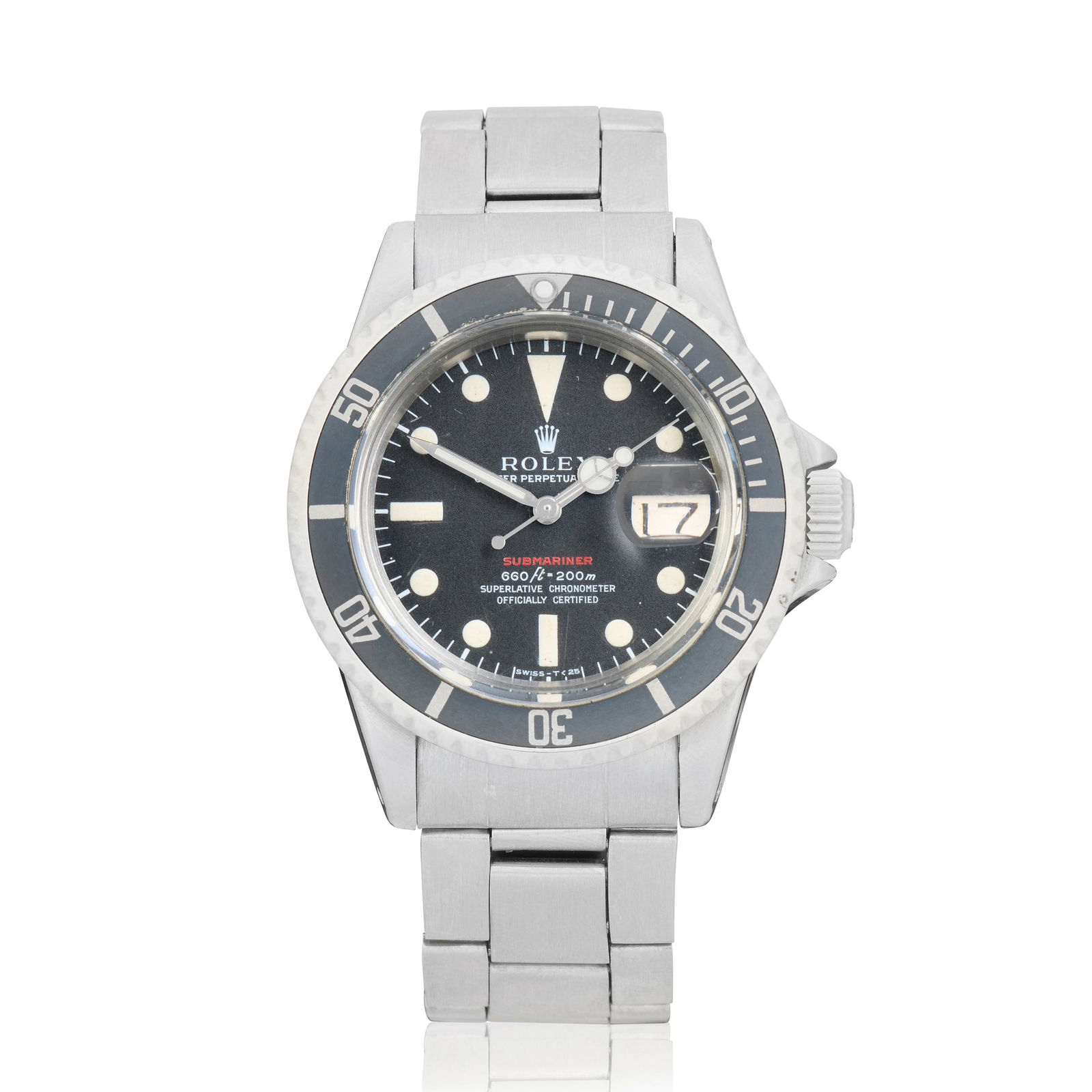 Rolex. A stainless steel automatic calendar wristwatch Single Red Submariner, Ref: 1680, Circa ...: Rolex. A stainless steel automatic calendar wristwatch Model: Single Red Submariner Reference: 1680 Date: Circa 1973 Movement: 26-jewel Cal.1570 automatic, adjusted to 5 positions & temperature, No.D4