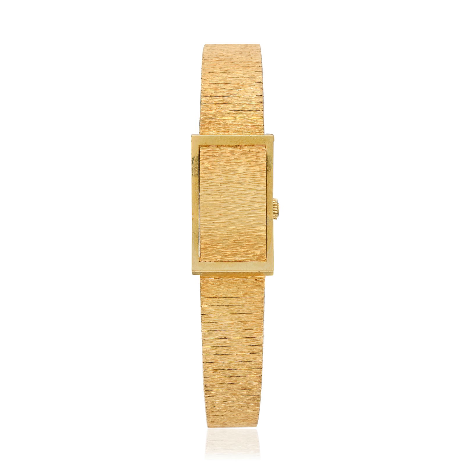 Bucherer. A lady's 18K gold manual wind bracelet watch with concealed dial Purchased 21st Januar...: Bucherer. A lady's 18K gold manual wind bracelet watch with concealed dial Date: Purchased 21st January 1971 Movement: 17-jewel manual wind Dial: Textured champagne, applied black baton hour markers,