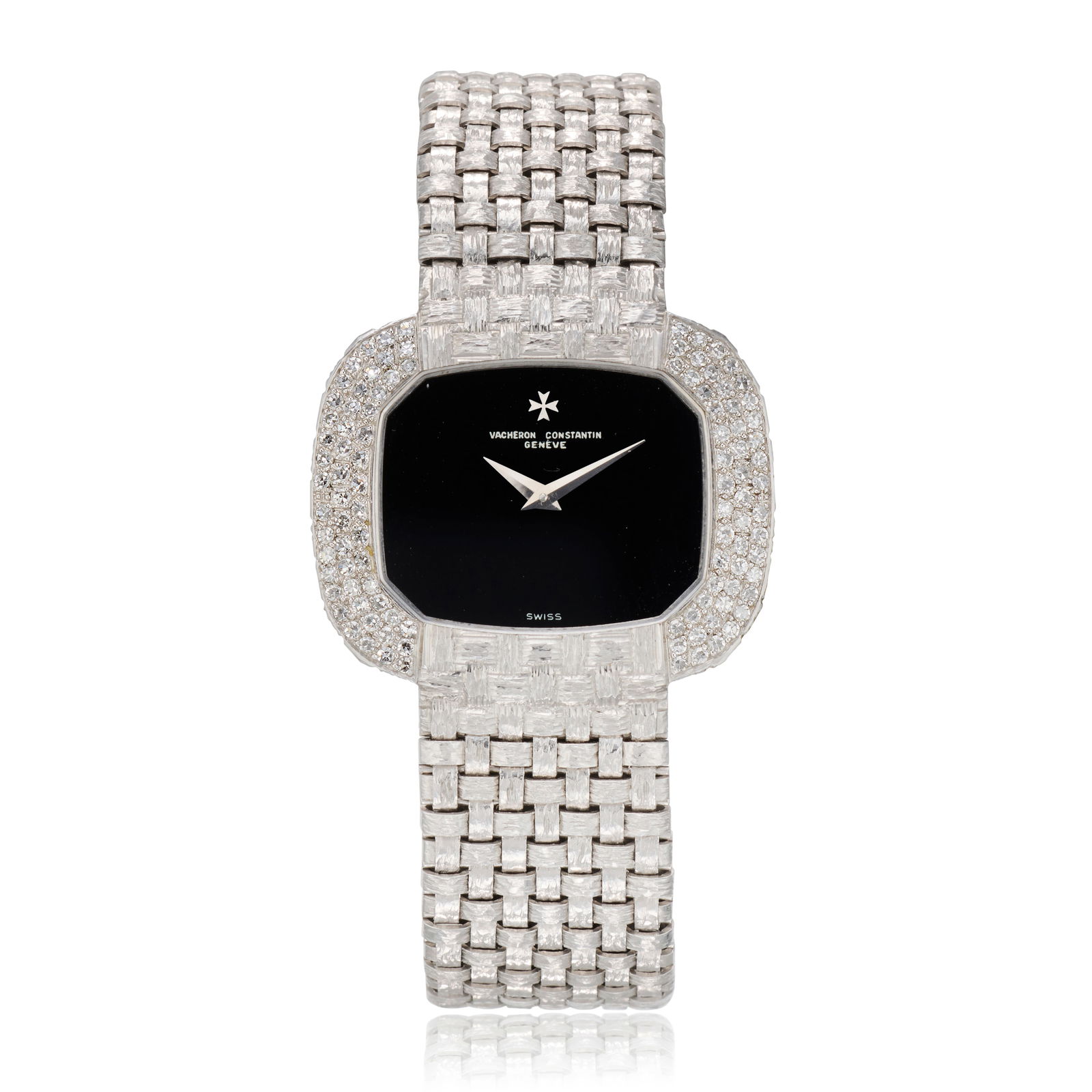 Vacheron Constantin. An 18K white gold diamond set bracelet watch with onyx dial Ref: 33503, Cir...: Vacheron Constantin. An 18K white gold diamond set bracelet watch with onyx dial Reference: 33503 Date: Circa 1995 Movement: 17-jewel Cal.1003/1 manual wind, adjusted to heat, cold, isochronism and 5