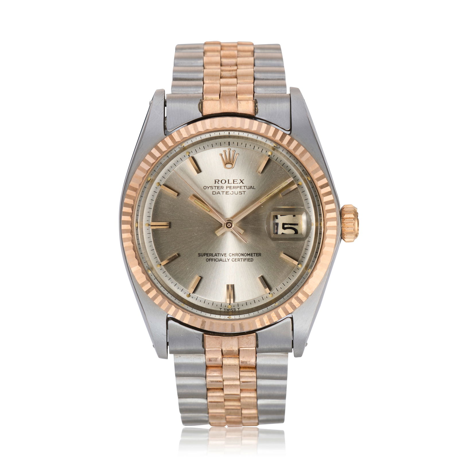Rolex. A stainless steel and rose gold automatic calendar bracelet watch Datejust, Ref: 1601, C...: Rolex. A stainless steel and rose gold automatic calendar bracelet watch Model: Datejust Reference: 1601 Date: Circa 1967 Movement: 26-jewel Cal.1570 automatic, adjusted to 5 positions & temperature,