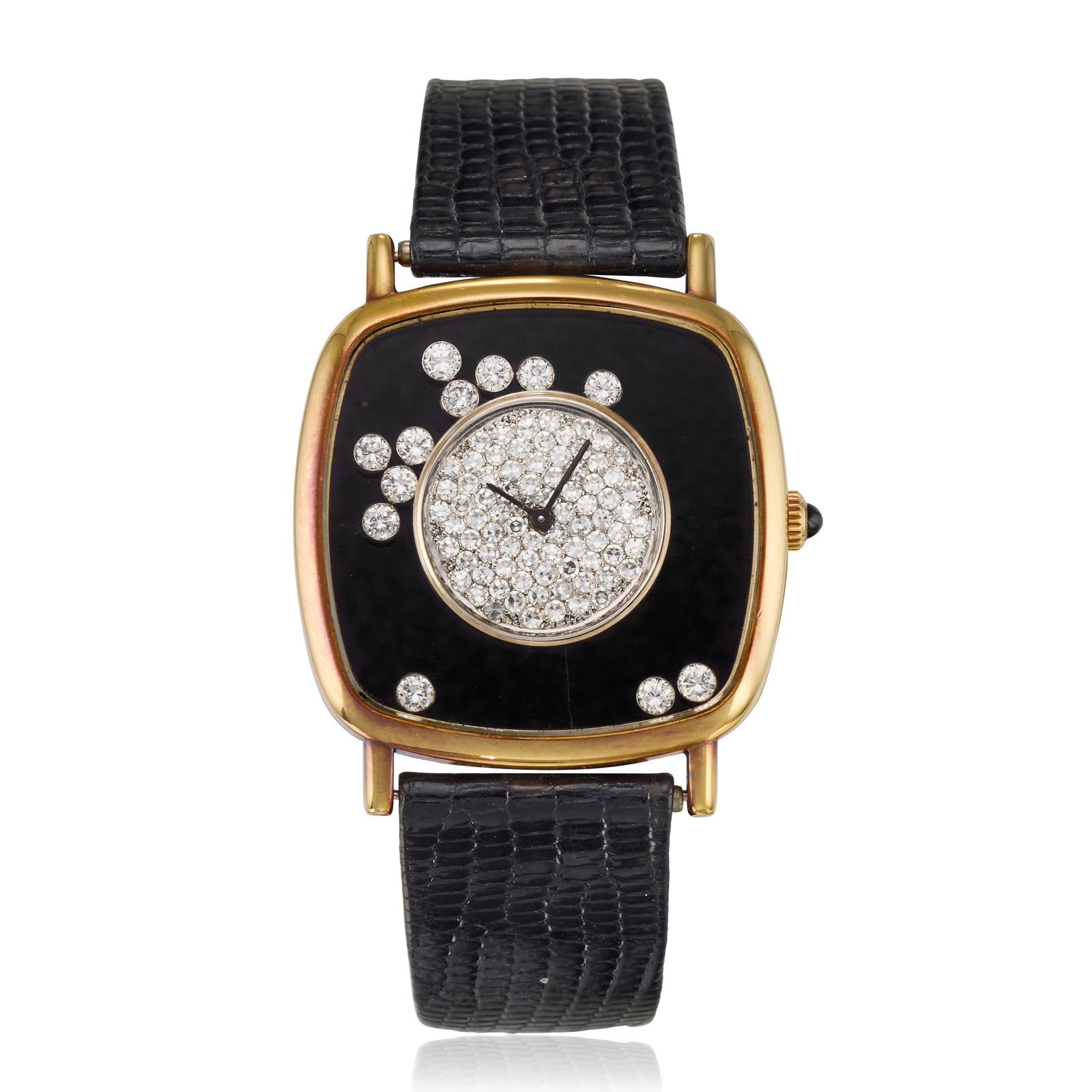 Chopard. An 18K gold diamond set manual wind wristwatch with onyx dial and twelve floating diamo... (1 of 1)