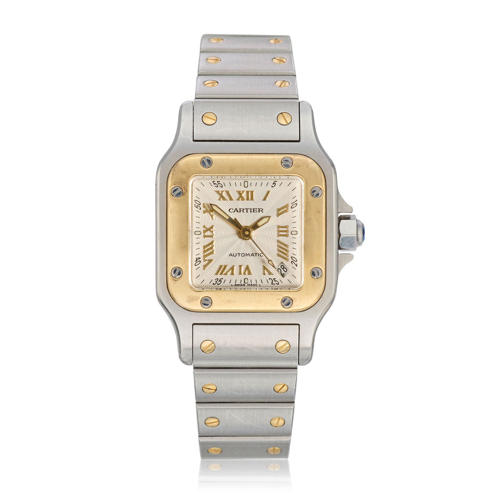 Cartier. A lady's stainless steel and gold automatic calendar bracelet watch Santos, Ref: 2423,...: Cartier. A lady's stainless steel and gold automatic calendar bracelet watch Model: Santos Reference: 2423 Date: Circa 2000 Movement: 25-jewel Cal.077 automatic Dial: Guilloché engraved silvered,