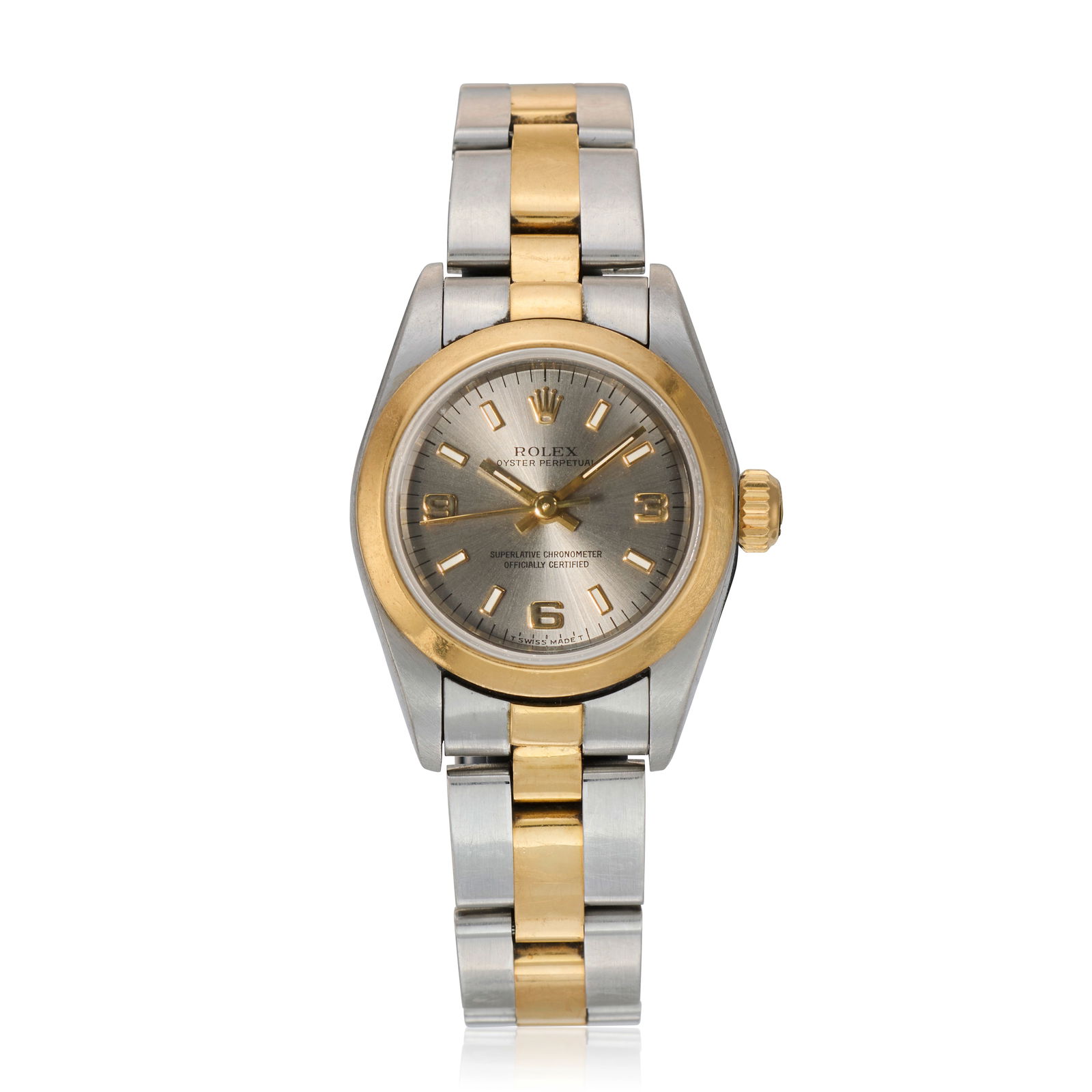 Rolex. A lady's stainless steel and gold automatic bracelet watch Oyster Perpetual, Ref: 67183,...: Rolex. A lady's stainless steel and gold automatic bracelet watch Model: Oyster Perpetual Reference: 67183 Date: Circa 1997 Movement: 29-jewel Cal.2130 automatic, adjusted to 5 positions & temperature