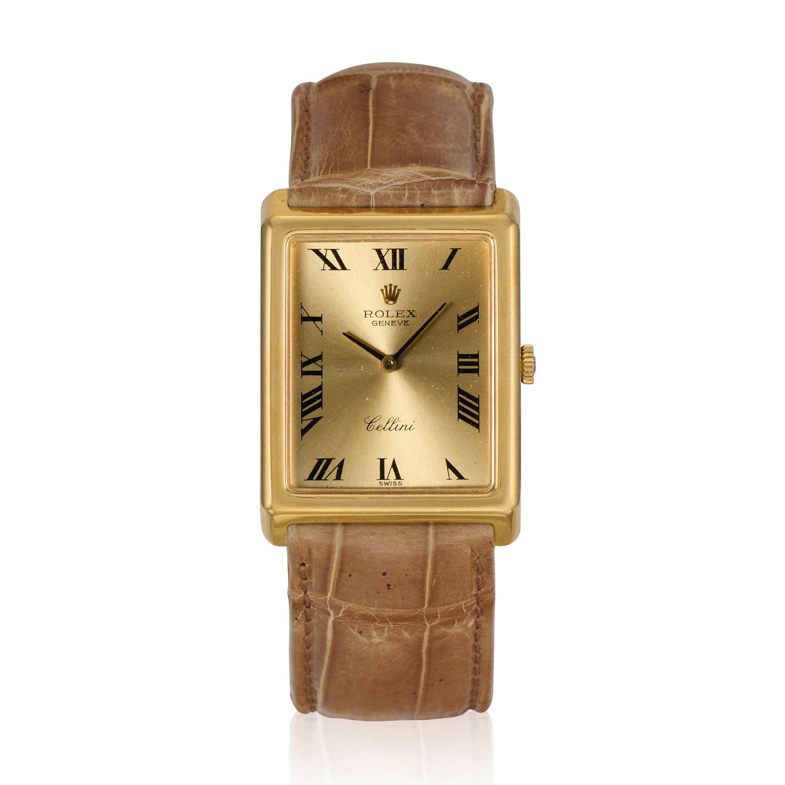 Rolex. An 18K gold manual wind rectangular wristwatch Cellini, Ref: 4105, Circa 1976: Rolex. An 18K gold manual wind rectangular wristwatch Model: Cellini Reference: 4105 Date: Circa 1976 Movement: 19-jewel Cal.1601 manual wind Dial: Champagne, black Roman numeral hour markers, black b