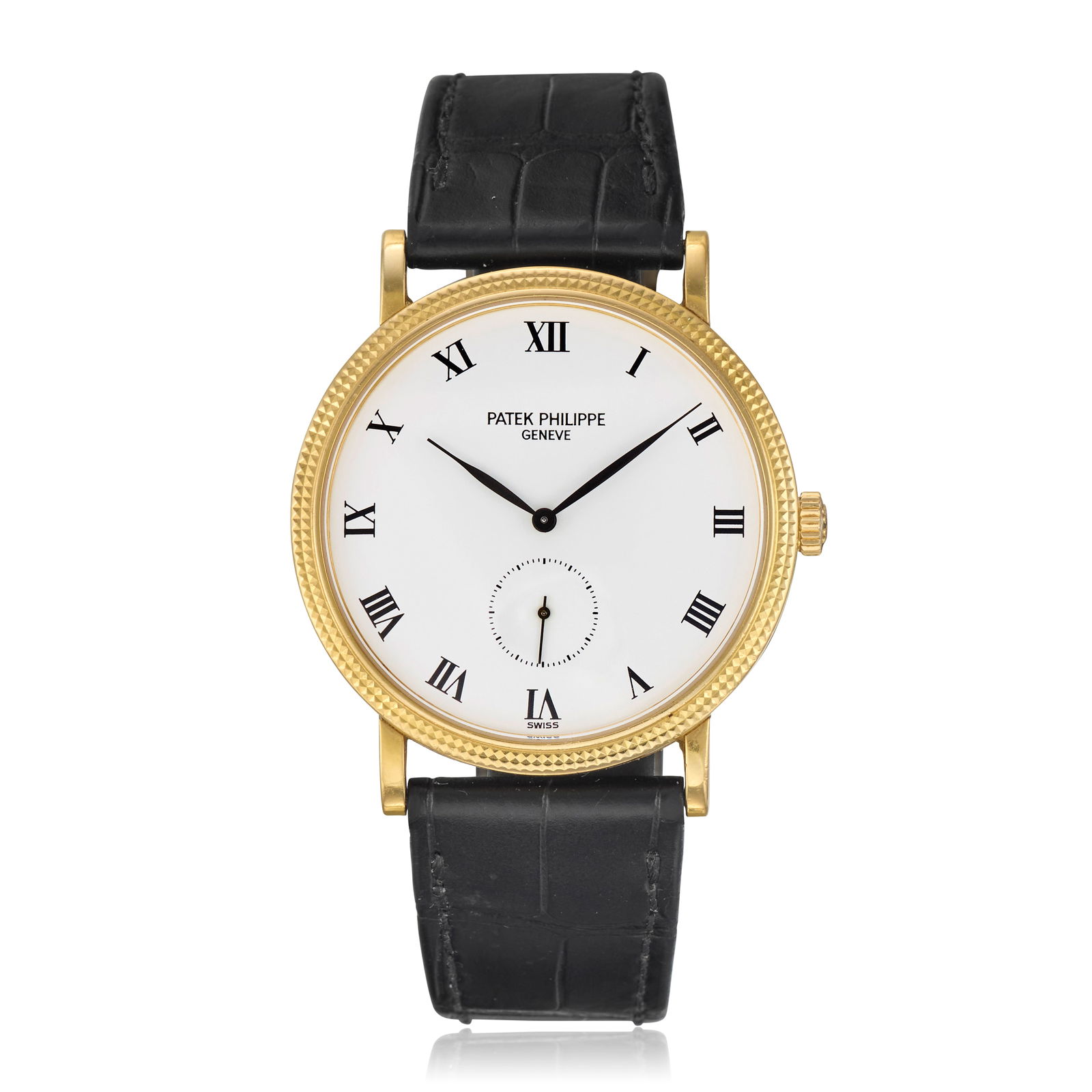 Patek Philippe. An 18K gold manual wind wristwatch Calatrava, Ref: 3919, Circa 1995: Patek Philippe. An 18K gold manual wind wristwatch Model: Calatrava Reference: 3919 Date: Circa 1995 Movement: 18-jewel Cal.215 manual wind, stamped with the Seal of Geneva Dial: White, black Roman nu