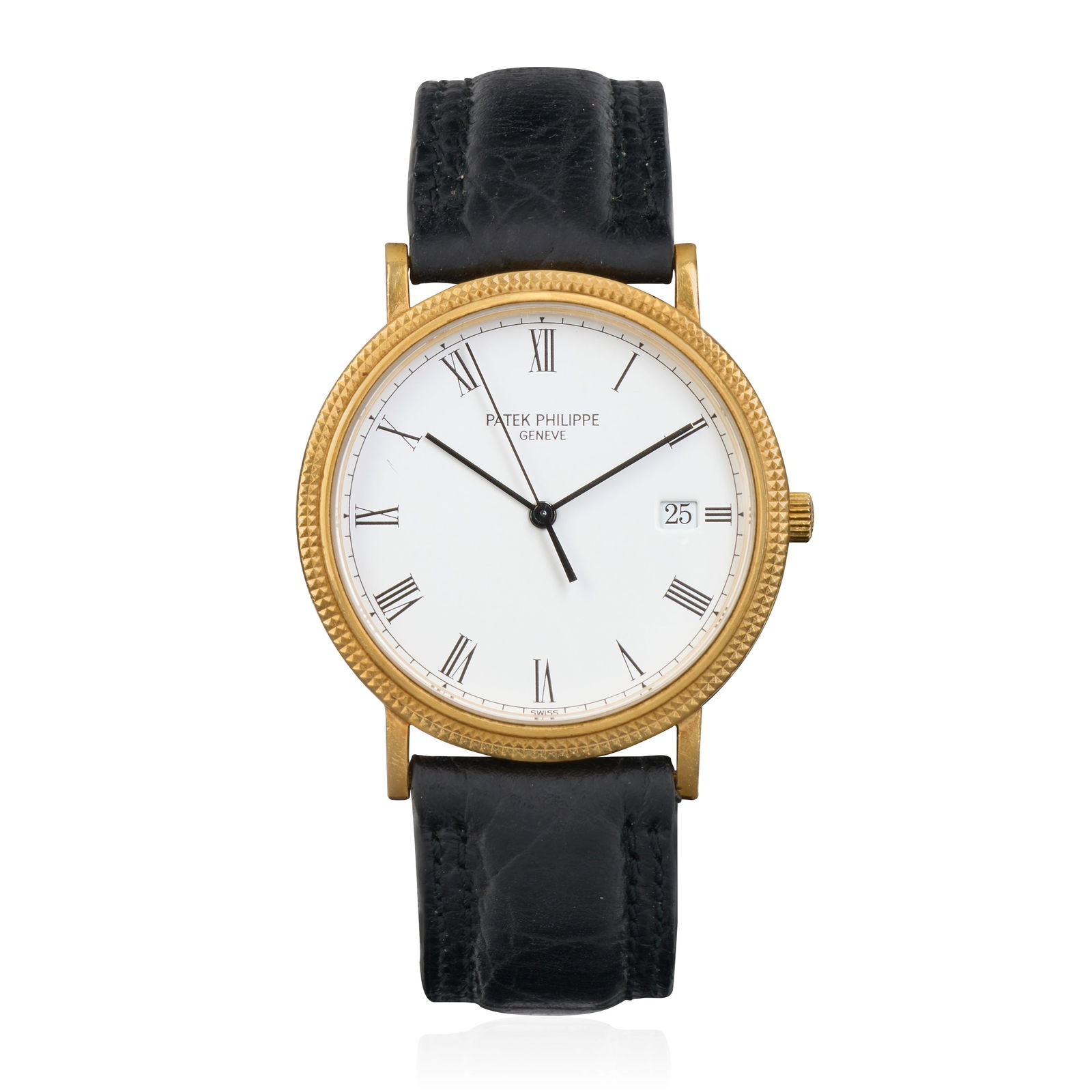 Patek Philippe. An 18K gold quartz calendar wristwatch Calatrava, Ref: 3944, Circa 1990: Patek Philippe. An 18K gold quartz calendar wristwatch Model: Calatrava Reference: 3944 Date: Circa 1990 Movement: 7-jewel Cal.E 23 SC quartz, adjusted to 1 position, No.1555326 Dial: White, black Rom