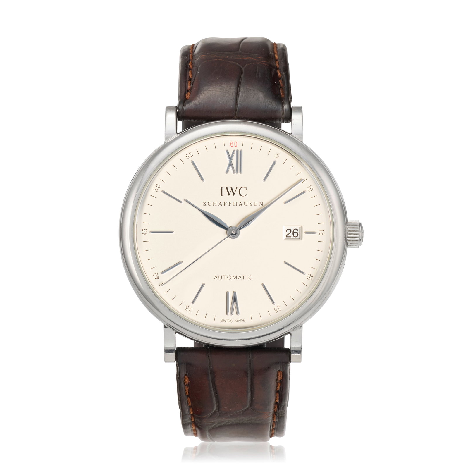 IWC. A stainless steel automatic calendar wristwatch Portofino, Ref: IW356501, Purchased 19th A...: IWC. A stainless steel automatic calendar wristwatch Model: Portofino Reference: IW356501 Date: Purchased 19th August 2020 Movement: 25-jewel Cal.35111 automatic, No.4660697 Dial: Silvered, applied po