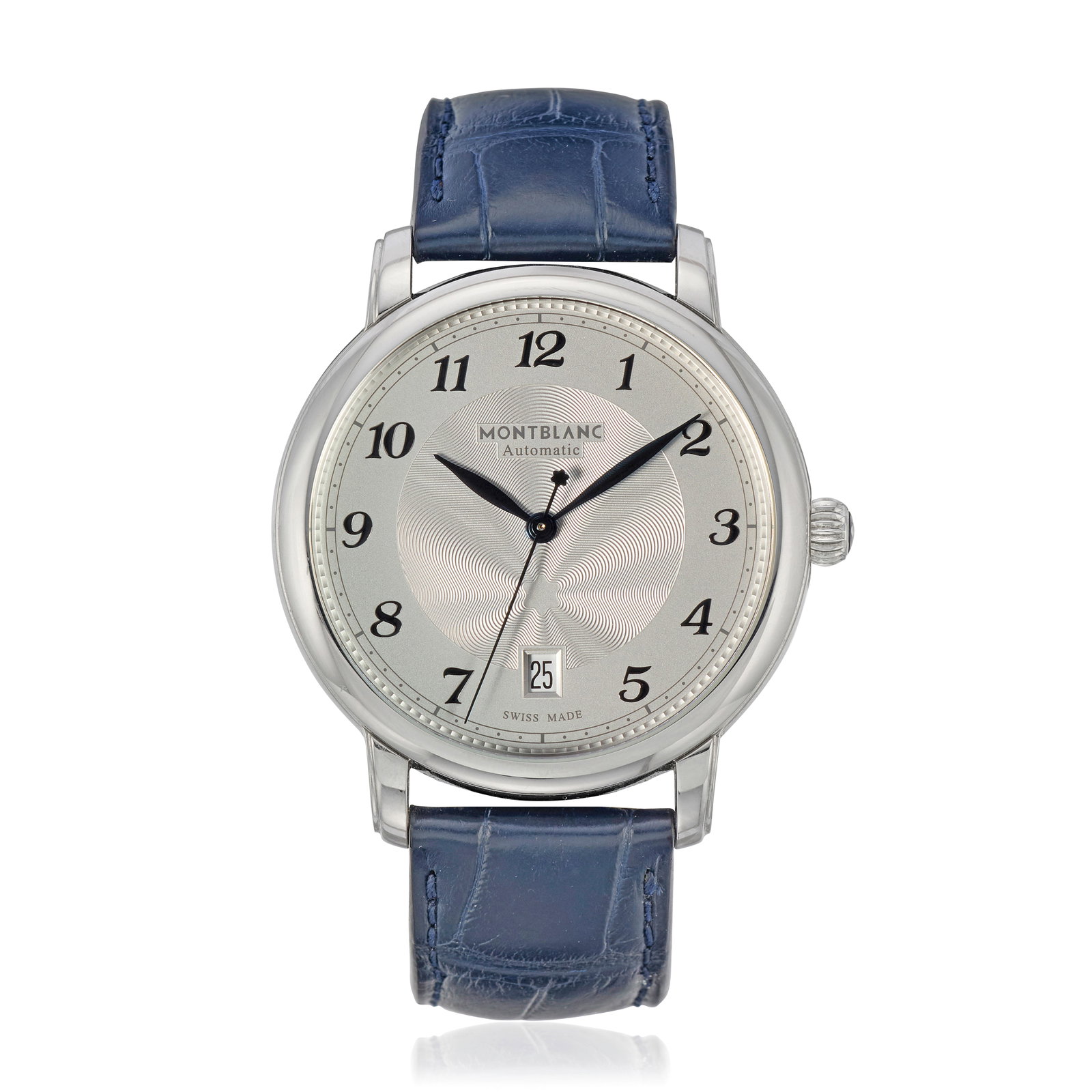 Montblanc. A stainless steel automatic calendar wristwatch Star Legacy, Ref: 7439, Circa 2015: Montblanc. A stainless steel automatic calendar wristwatch Model: Star Legacy Reference: 7439 Date: Circa 2015 Movement: 21-jewel automatic Dial: Silvered with guilloché engraved centre, black Ar