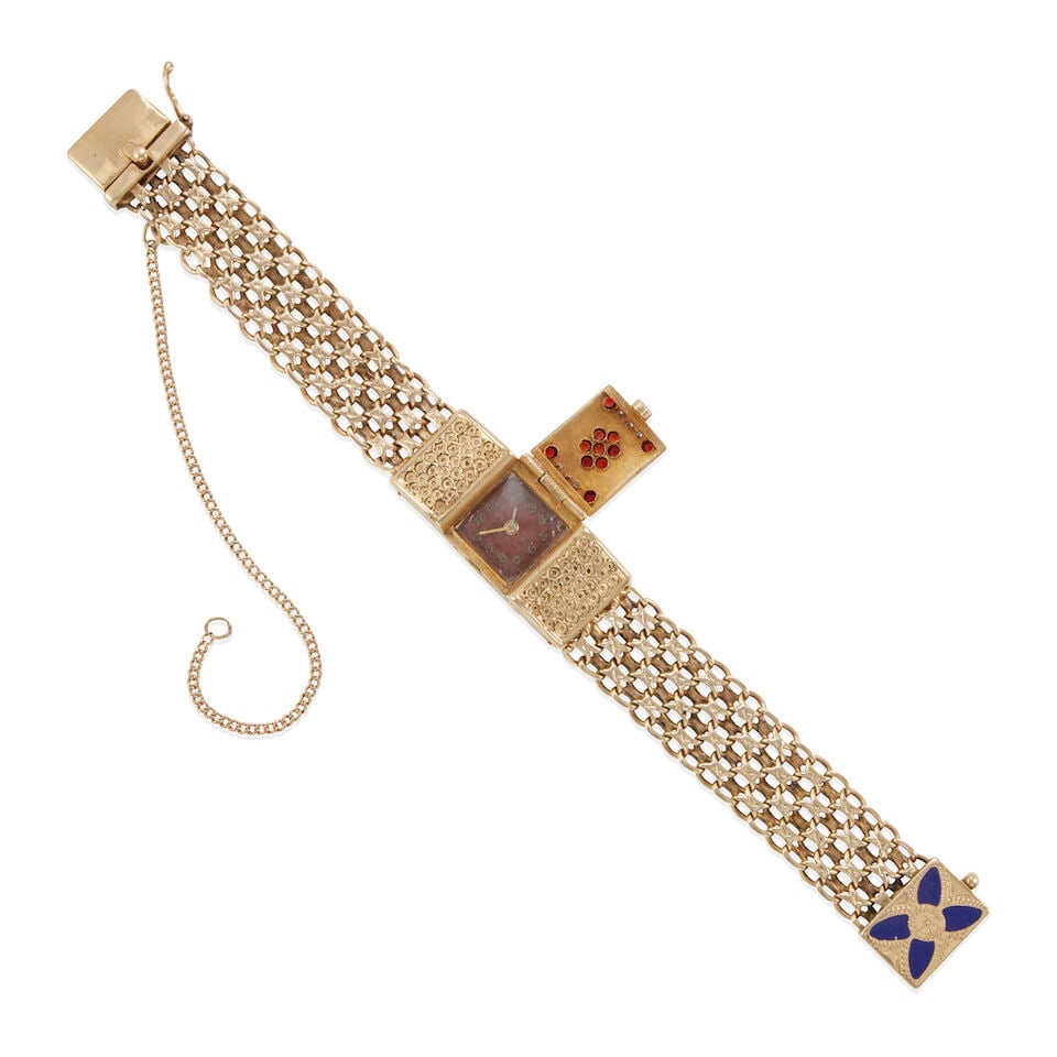 14K GOLD, DIAMOND AND GARNET CONCEALED WRISTWATCH - 3