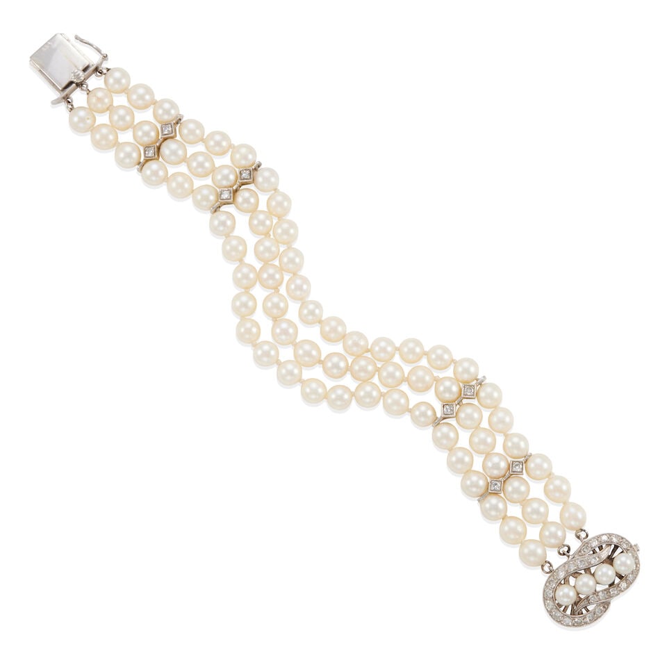14K GOLD, DIAMOND AND CULTURED PEARL 3-STRAND BRACELET (1 of 2)