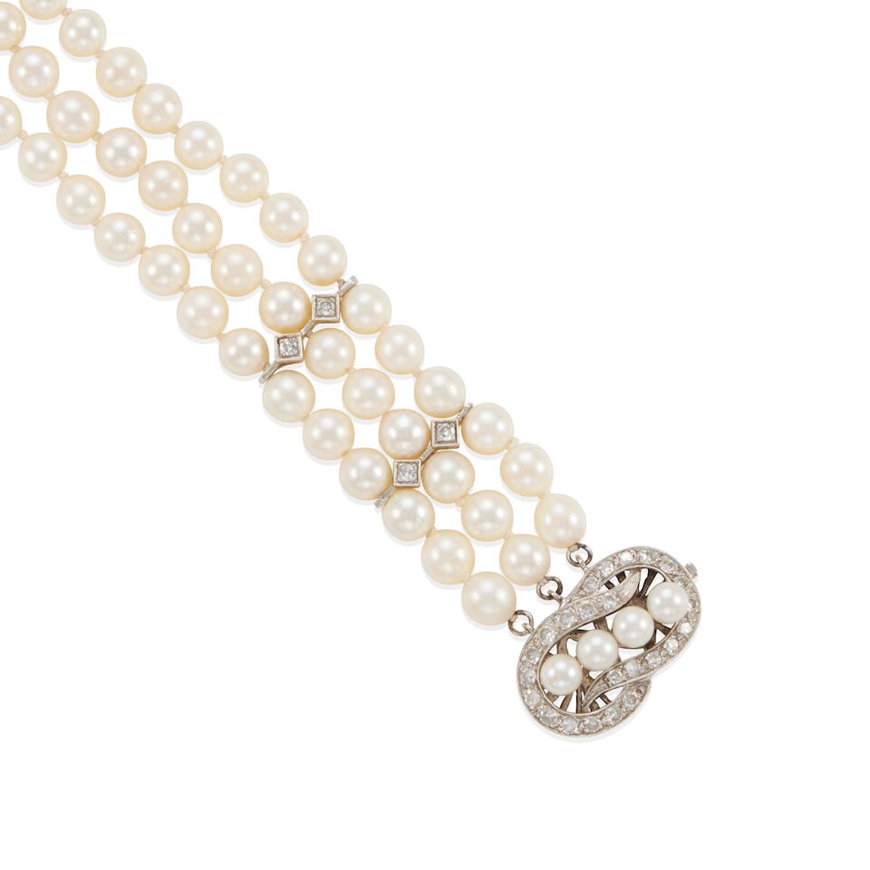 14K GOLD, DIAMOND AND CULTURED PEARL 3-STRAND BRACELET - 2