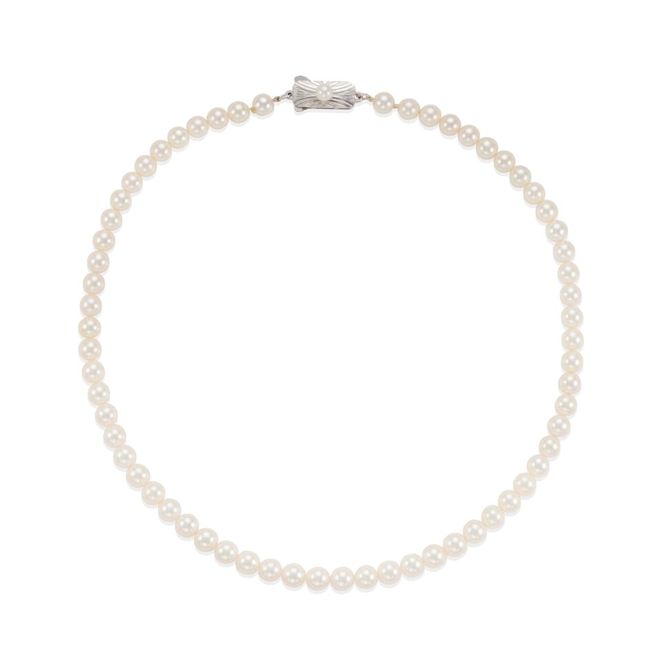 MIKIMOTO: SILVER AND CULTURED PEARL STRAND NECKLACE: MIKIMOTO: SILVER AND CULTURED PEARL STRAND NECKLACE • Silver • Numerous round cultured pearls 5.69 - 5.97mm • Signed M • With signed box • Length 15 in. •