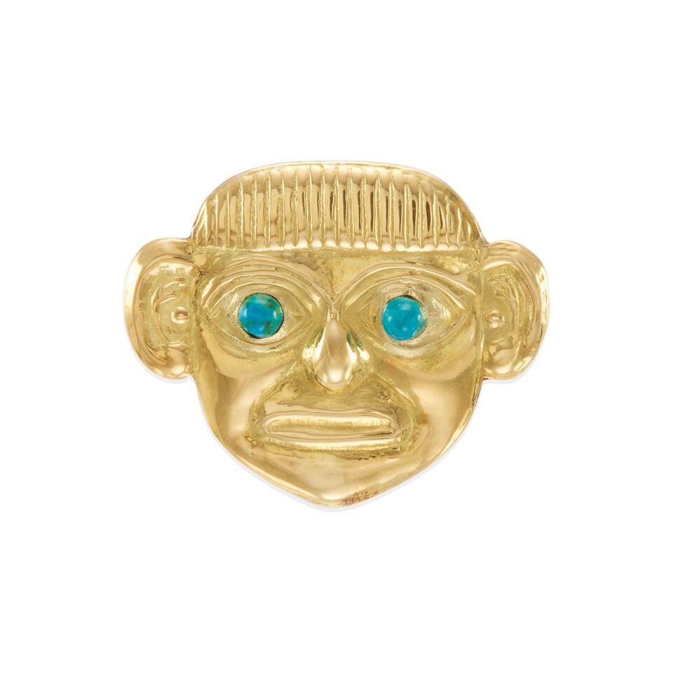 18K GOLD INCA MASK BROOCH/PENDANT: 18K GOLD INCA MASK BROOCH/PENDANT • 18k yellow gold • 2 round chrysocolla chalcedony 4.32mm • Maker's mark dp • Measures 1 5/8 x 1 3/8 in. • Estimated gross weight: 13.8