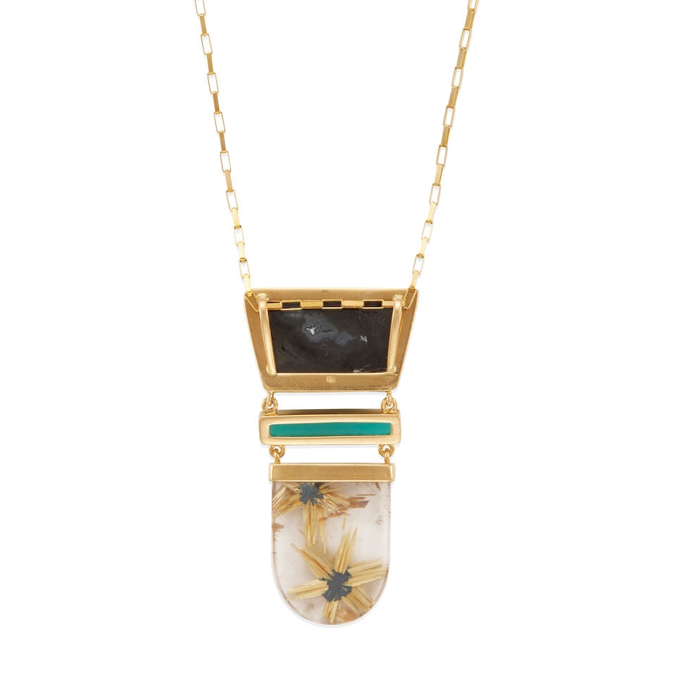 14K GOLD, DRUSY, RUTILATED QUARTZ AND GEM SILICA NECKLACE - 2