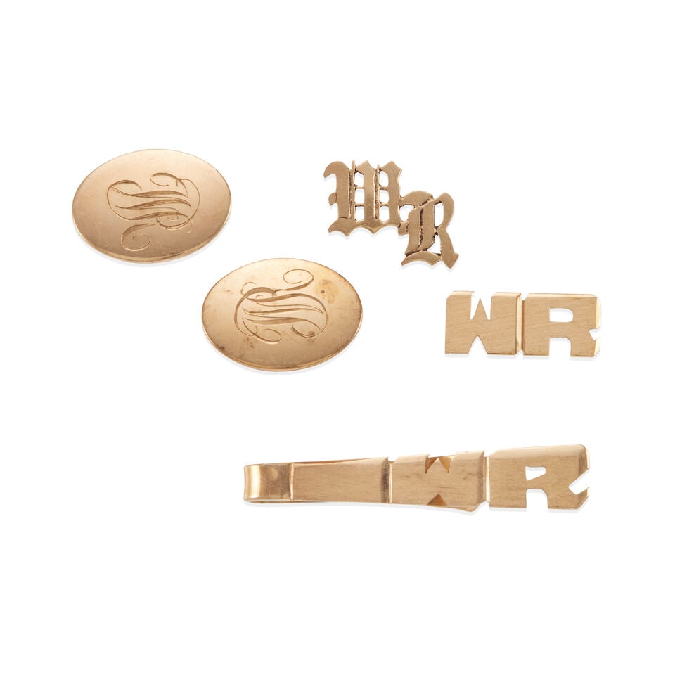 GROUP OF GOLD OBJECTS: GROUP OF GOLD OBJECTS • Pair of cufflinks of 10k yellow gold, with personal inscription, measure 3/4 x 1/2, weighing approximately 5.8 grams • Two pins of 14k yellow gold with base metal b