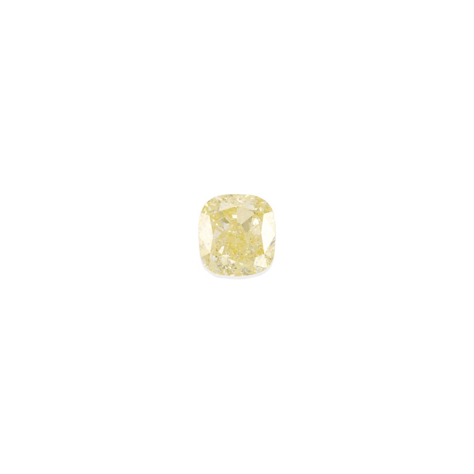 ONE LOOSE FANCY LIGHT YELLOW DIAMOND WITH GIA REPORT: ONE LOOSE FANCY LIGHT YELLOW DIAMOND WITH GIA REPORT • 1 cushion modified brilliant fancy light yellow diamond weighing 1.09 carat • Accompanied by GIA colored diamond grading report no. 1