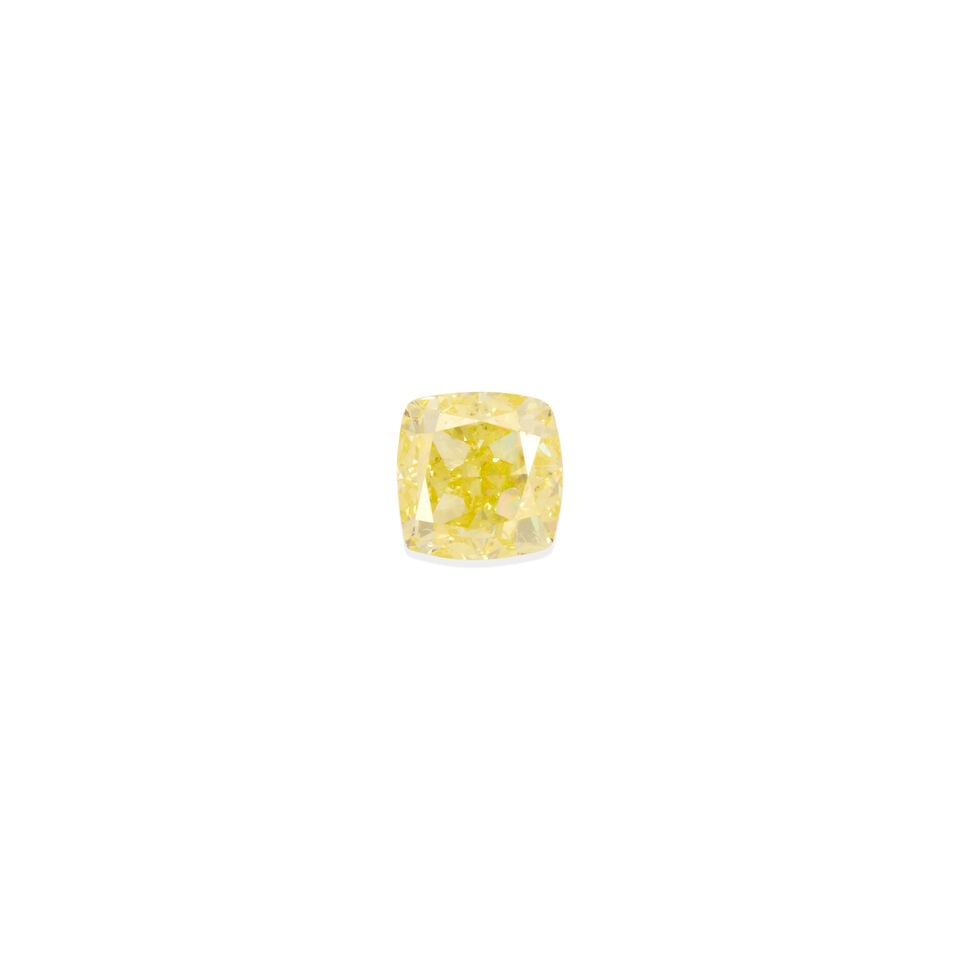 ONE LOOSE FANCY INTENSE YELLOW DIAMOND WITH GIA REPORT: ONE LOOSE FANCY INTENSE YELLOW DIAMOND WITH GIA REPORT • 1 modified square brilliant fancy intense yellow diamond weighing 0.33 carat • Encased in plexiglass/acrylic • Accompanied