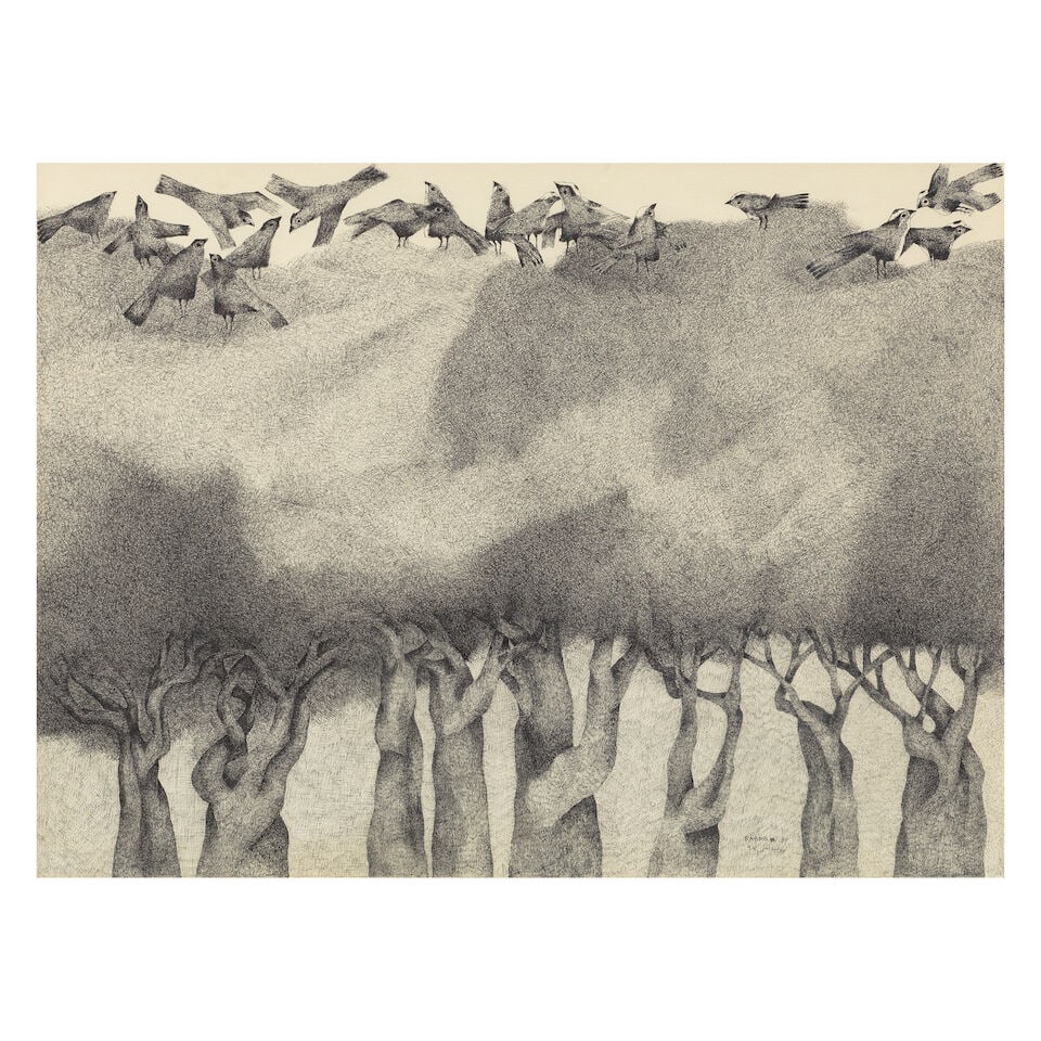 Rabab Nemr (Egypt, 1939-2025) Birds on A Tree: Rabab Nemr (Egypt, 1939-2025) Birds on A Tree ink on paper, framed signed and dated in Arabic and English (lower right), executed in 1997 54.5 x 74.5cm (21 7/16 x 29 5/16in). Footnotes: Provenance The
