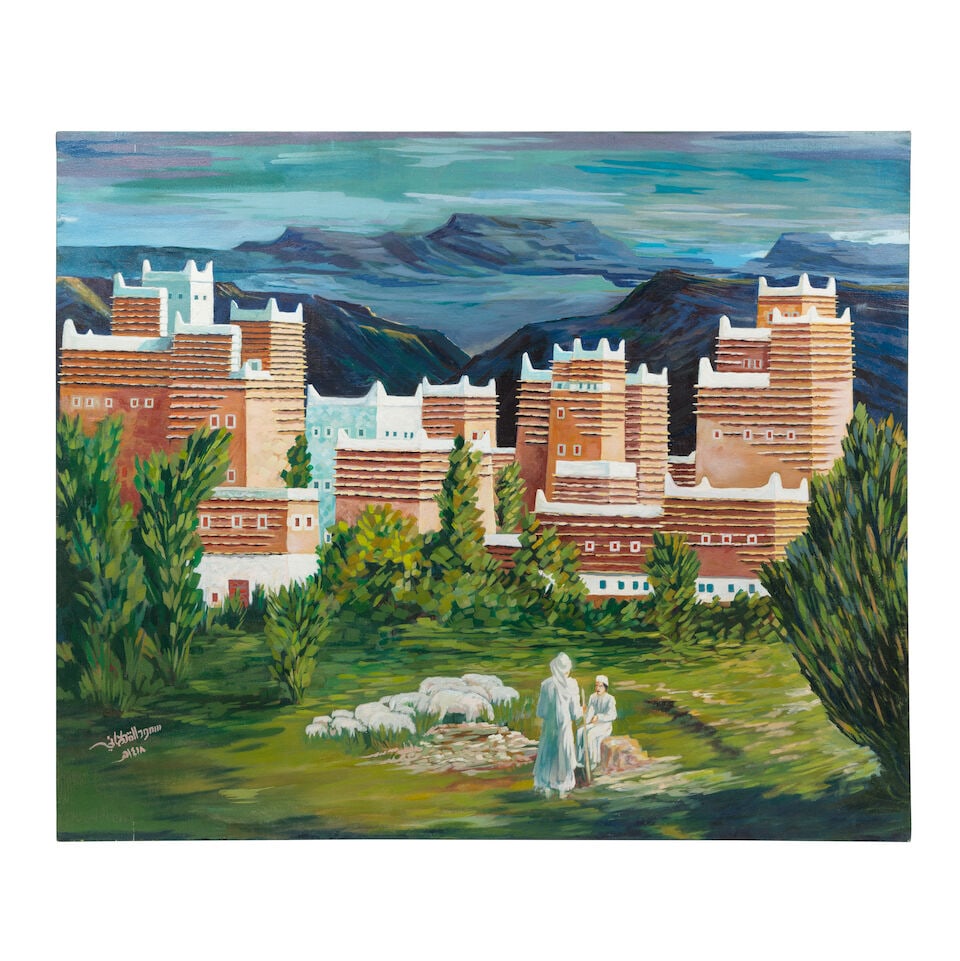 Saud Al Qahtani (Saudi Arabia, born 1953) Spirit of the South: Saud Al Qahtani (Saudi Arabia, born 1953) Spirit of the South acrylic on canvas signed 'Saud Al Qahtani' in Arabic and dated '1418 Hijri' (lower left), executed in 1997 150 x 180cm (59 1/16 x 70 7/8in