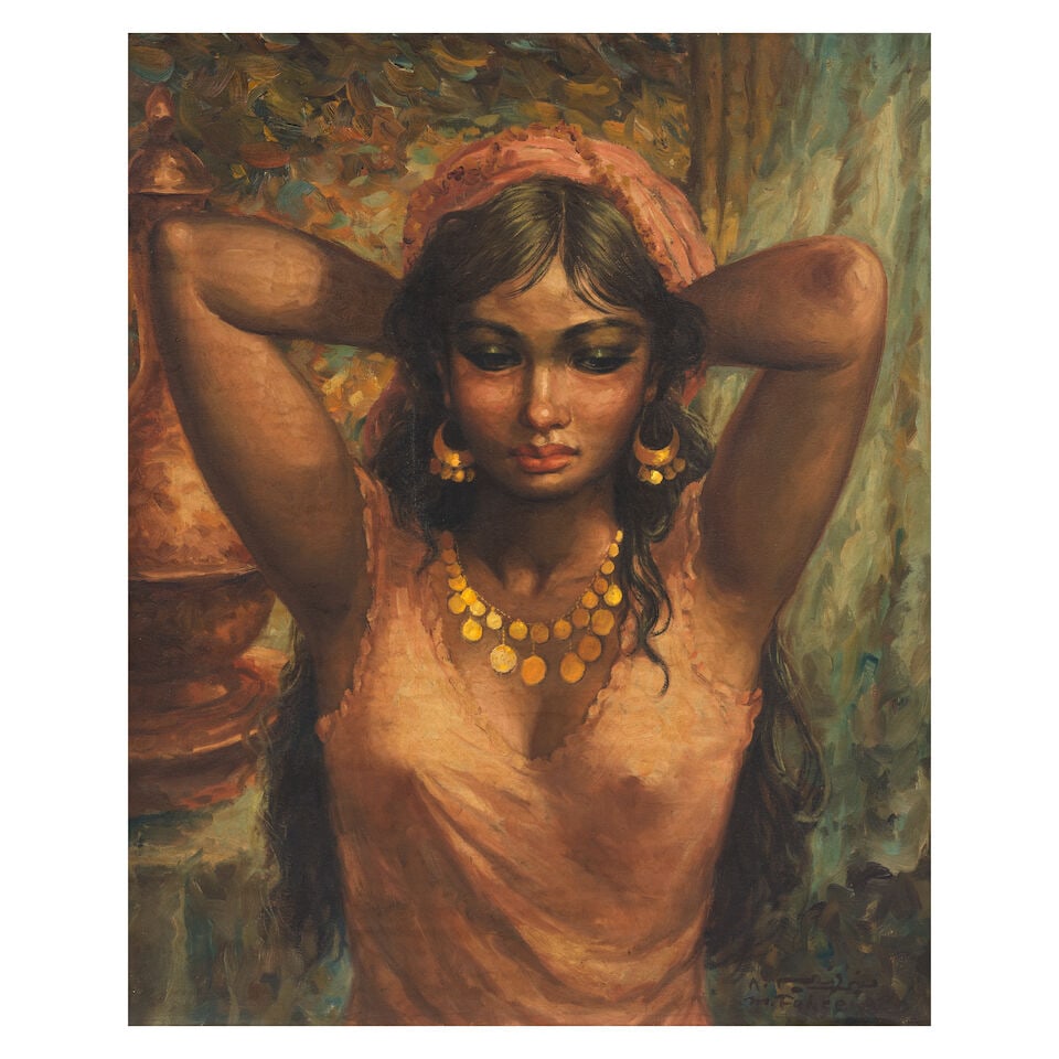 Munir Fahim (Egypt, 1935-1983) Egyptian Girl: Munir Fahim (Egypt, 1935-1983) Egyptian Girl oil on canvas, framed signed 'M. Fahem' and dated '80' in Arabic & English (lower right), executed in 1980 69 x 57cm (27 3/16 x 22