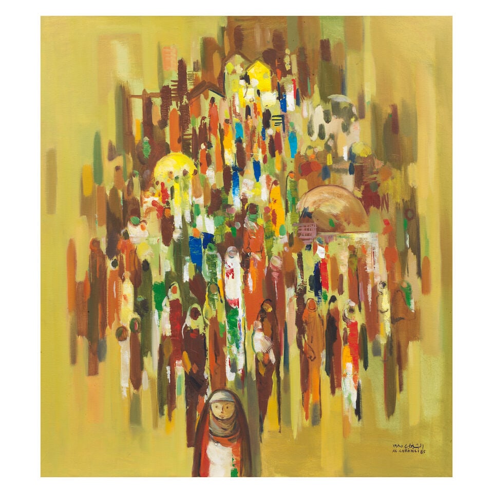 Ismael Al-Sheikhly (Iraq, born 1924) Women of Baghdad: Ismael Al-Sheikhly (Iraq, born 1924) Women of Baghdad oil on canvas, framed Signed 'AL.CHEIKHLI' and dated '85' in English and Arabic (lower right), executed in 1985 91.5 x 81cm (36 x 31
