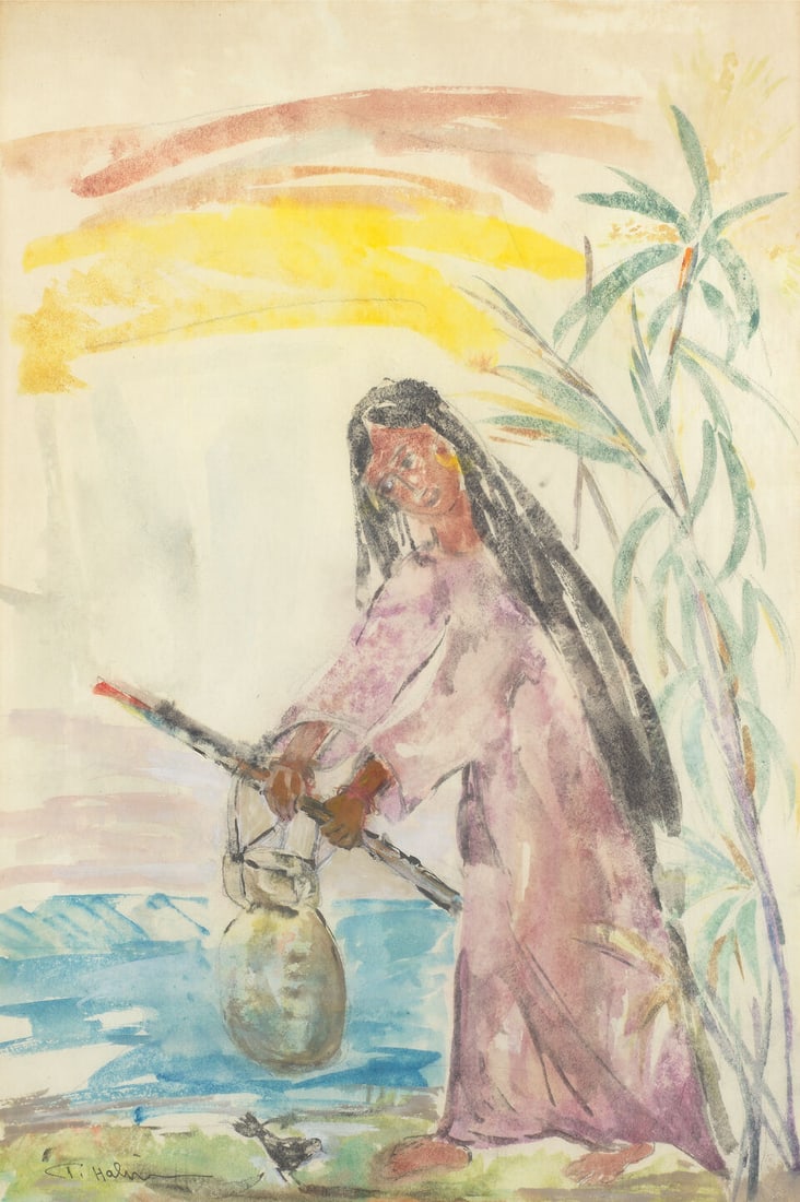 Tahia Halim (Egypt, 1919-2003) Fellaha: Tahia Halim (Egypt, 1919-2003) Fellaha gouache on paper, framed signed 'T. Halim' (lower left), executed circa 1950s 54.5 x 36.5cm (21 7/16 x 14 3/8in). Footnotes: Provenance: Property from a private