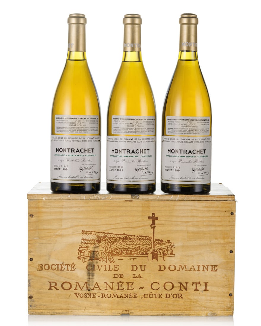 Domaine de la Romanée-Conti Montrachet, 1999 (3x 750ml): Domaine de la Romanée-Conti Montrachet, 1999 (3x 750ml) Region: Burgundy Fill Level: 3x 1.5cm Cork: 1x slighty protuded Label: 3x slightly scuffed Packaging: in owc6 Miscellaneous: consecutive nu